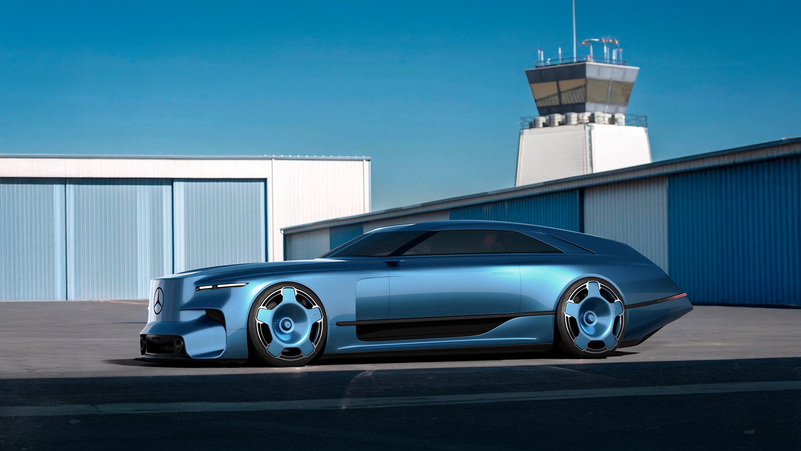 AMG MACH 3 par Ádám Csesznok — concept bleu de profil à côté d’un hangar d’aviation