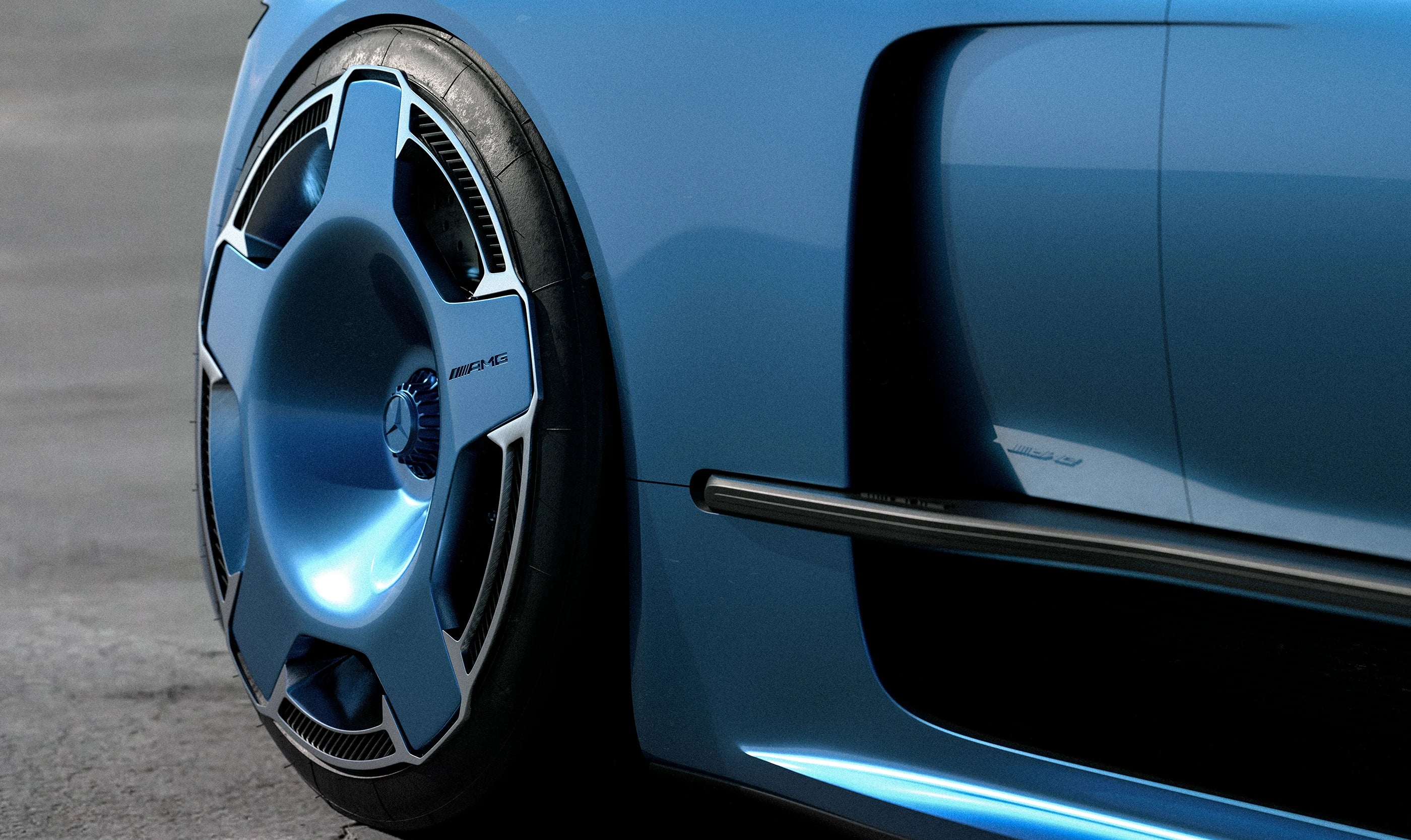 Détail de la roue et de la carrosserie sculptée de l’AMG MACH 3 — design par Ádám Csesznok