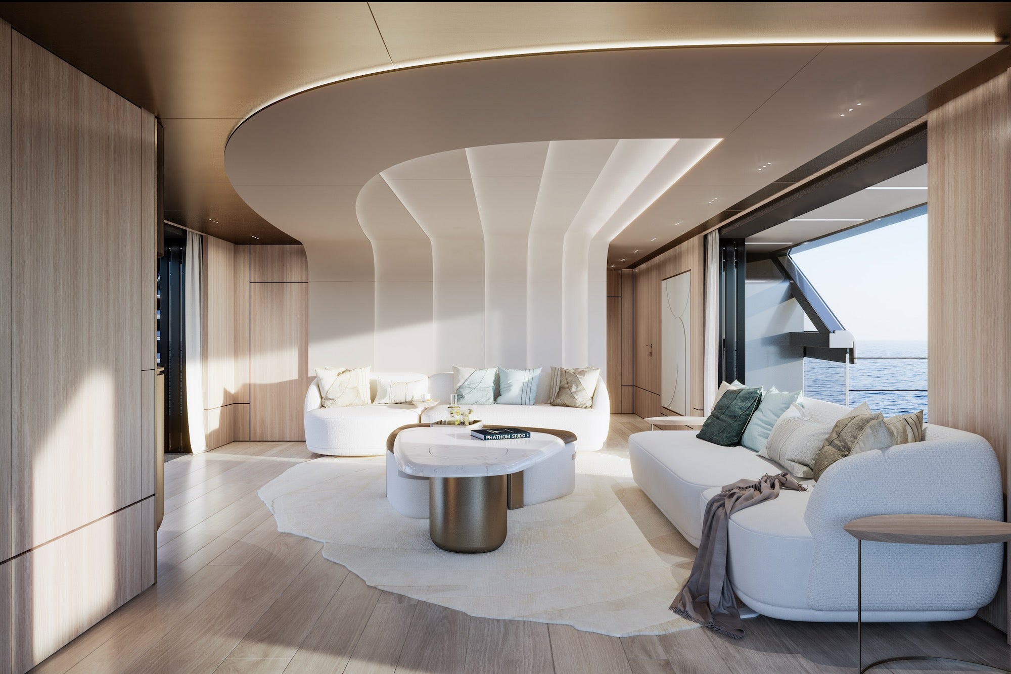Rendu intérieur de Project NEXO montrant un espace de vie calme et adaptable à bord