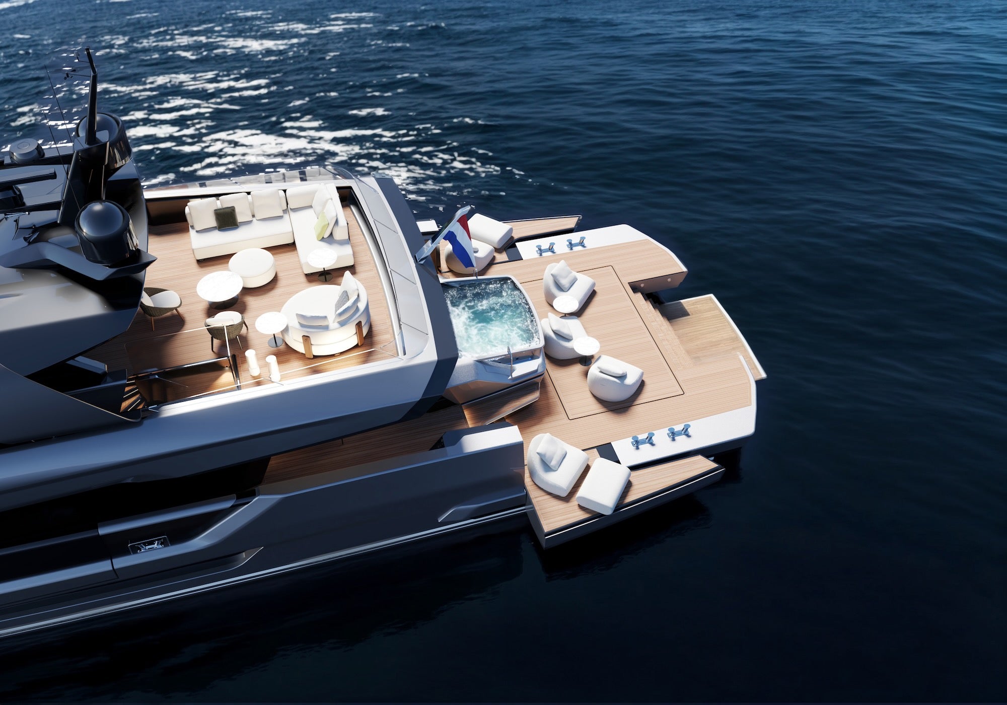 Concept de beach club du yacht Project NEXO avec terrasses s’ouvrant vers la mer