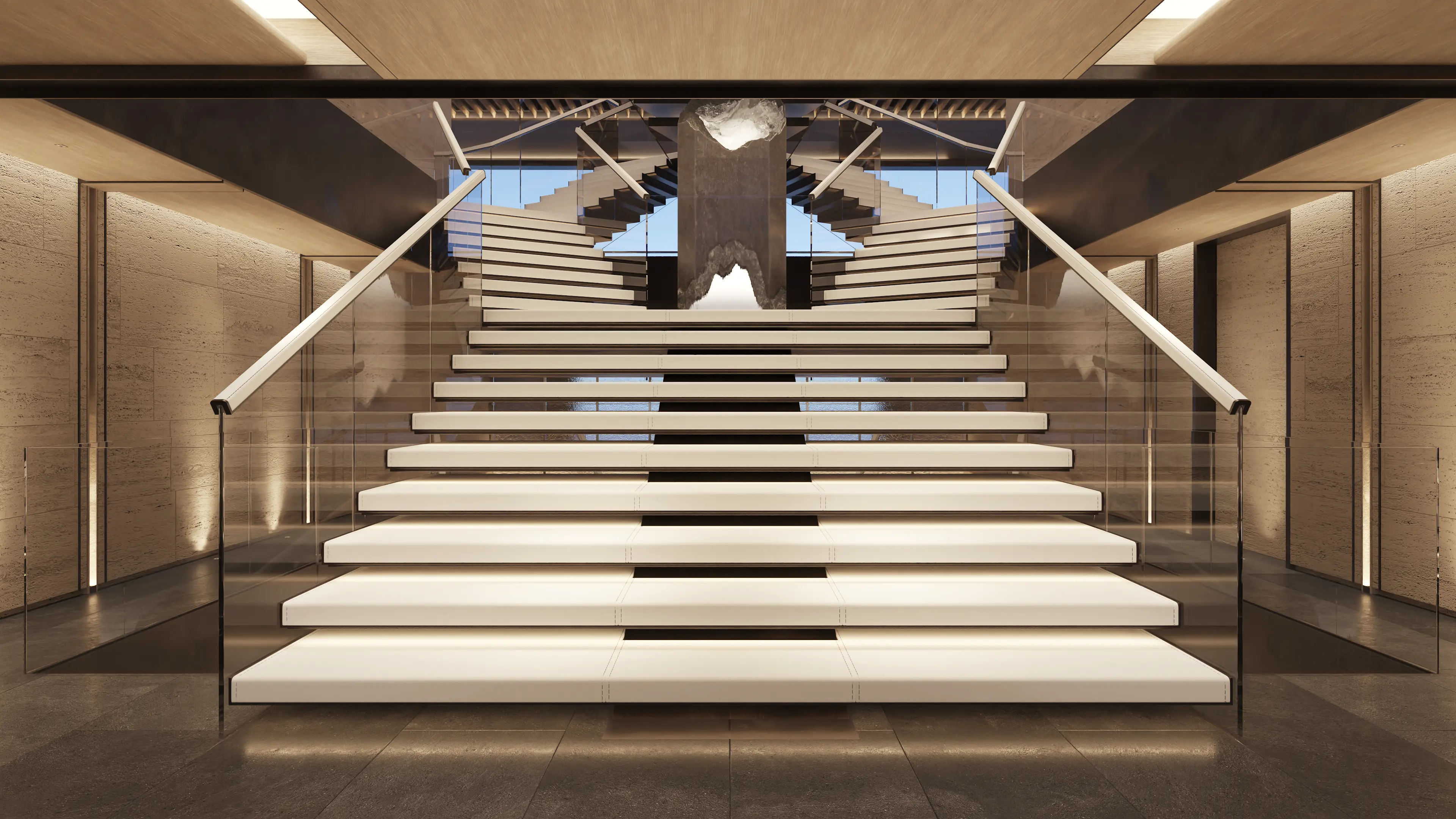 Hall d’escalier en verre illuminé et pierre à bord du concept de yacht Sinot FUSION