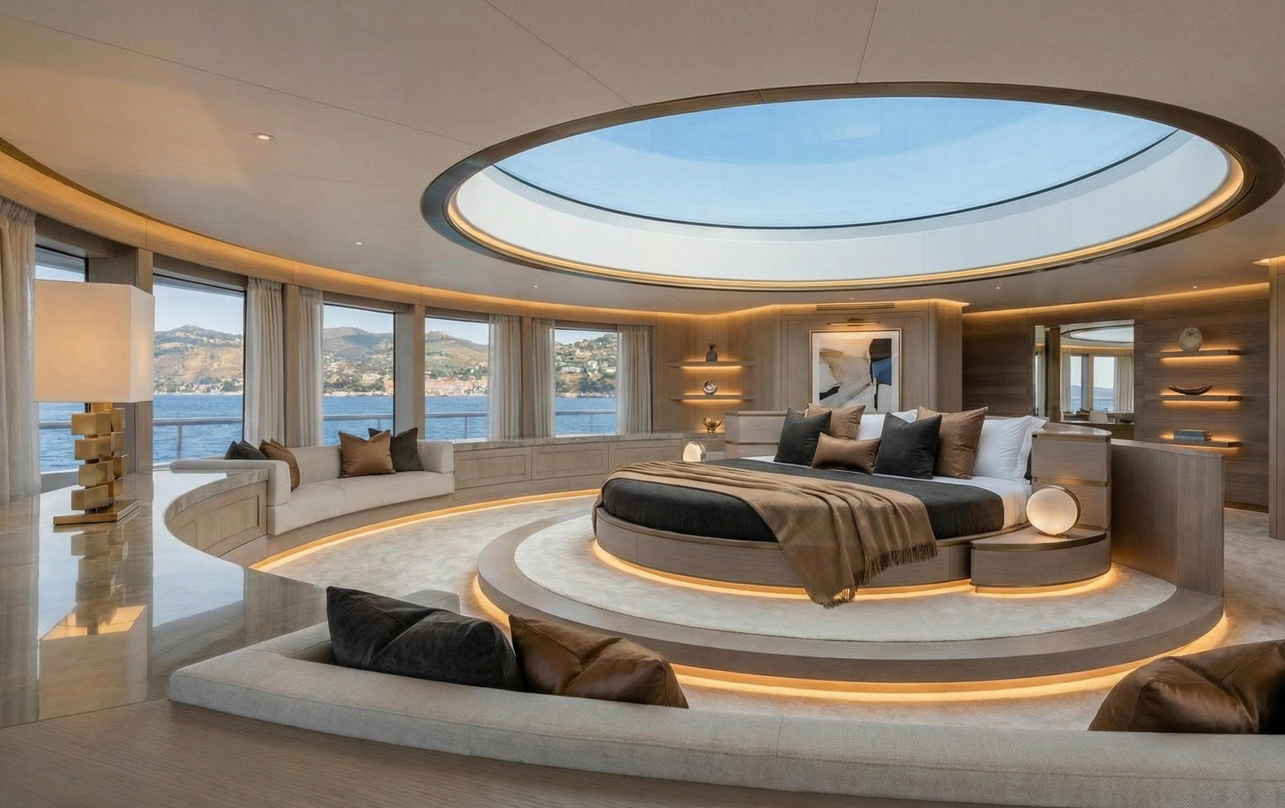 Suite propriétaire avec puits de lumière dans le concept de yacht Invision par Focus Yacht Design