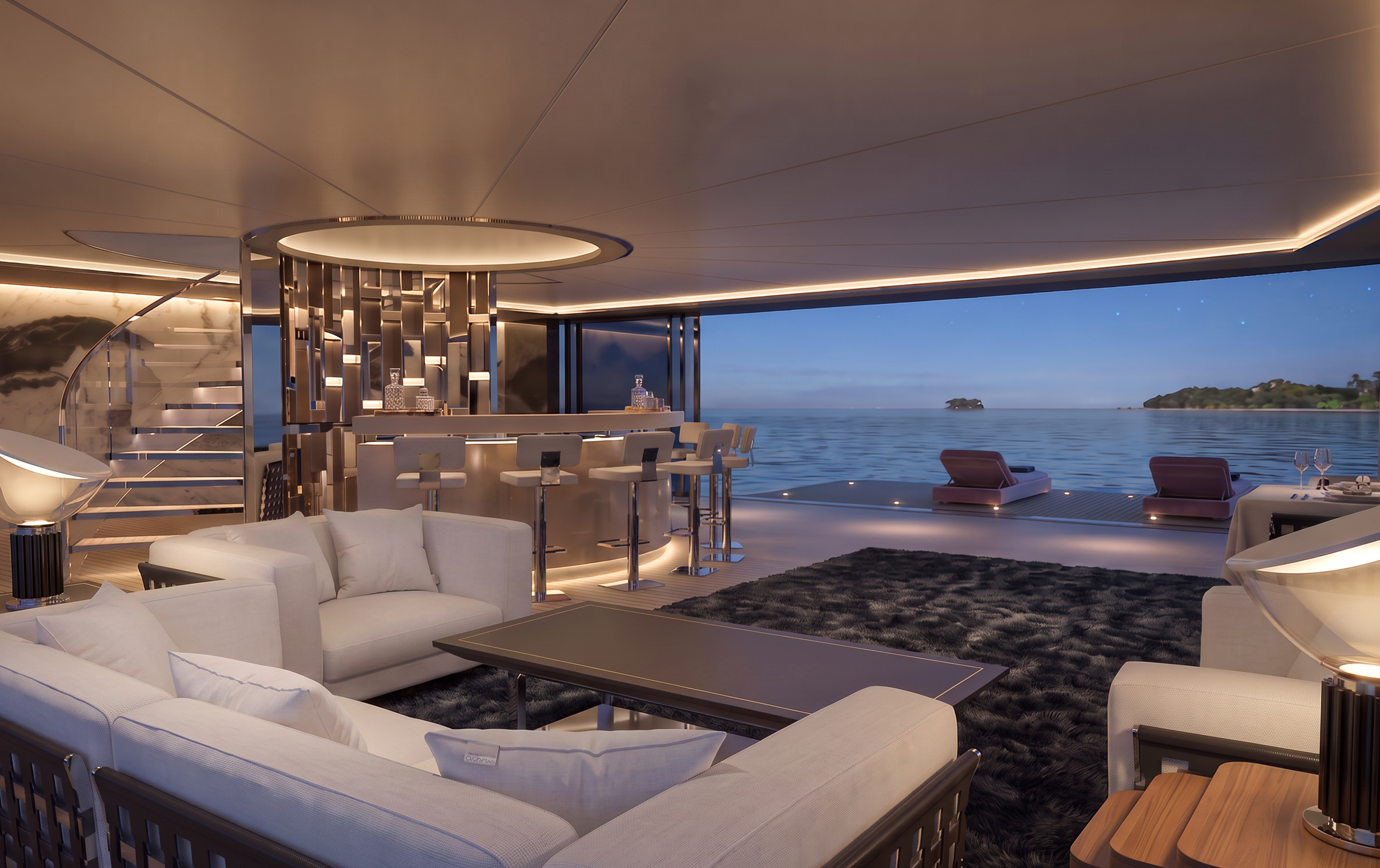 Le salon vitré à 180 degrés au niveau de la ligne de flottaison dans le concept Invision de Focus Yacht Design