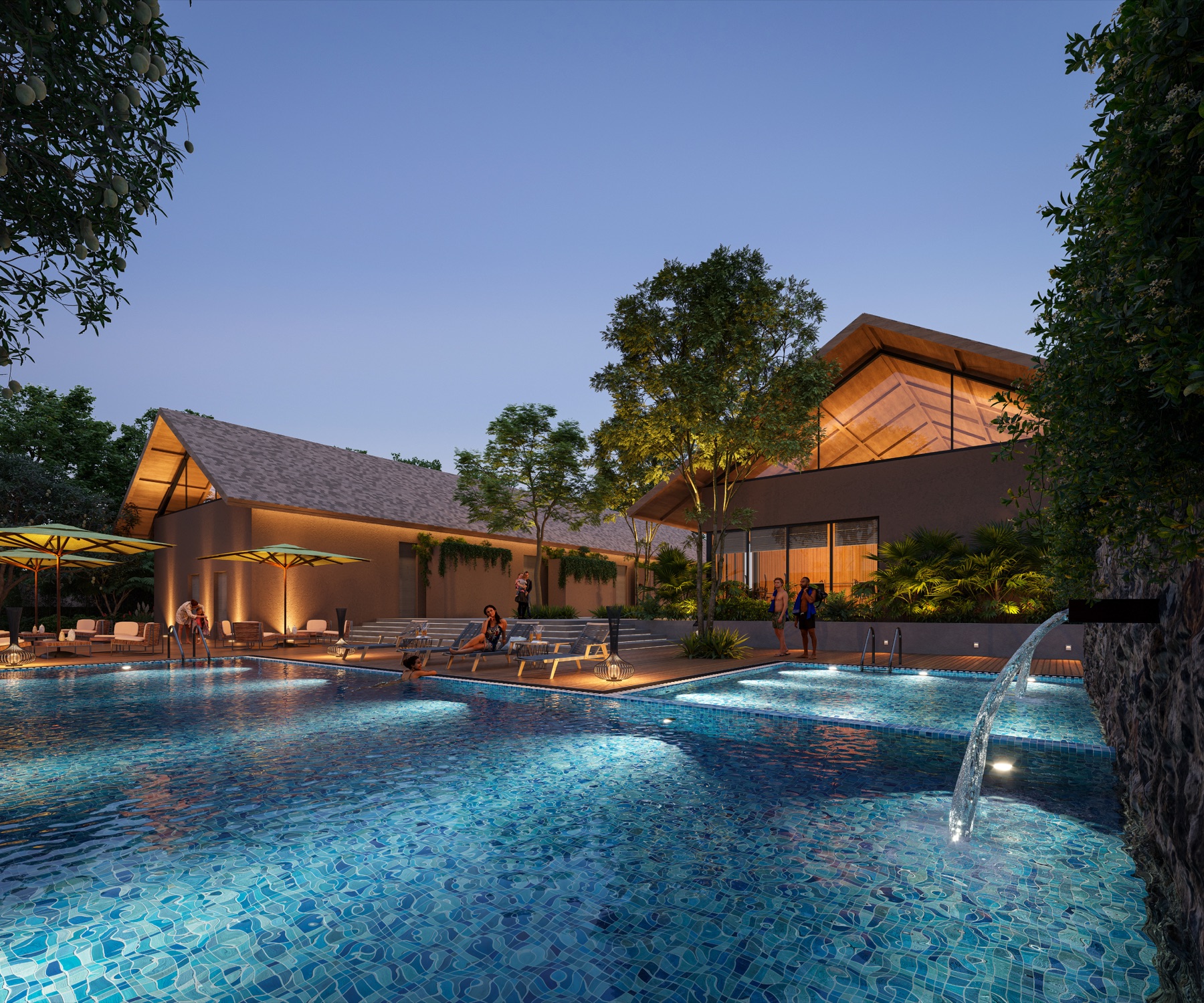 Luxury villa and swimming pool at dusk