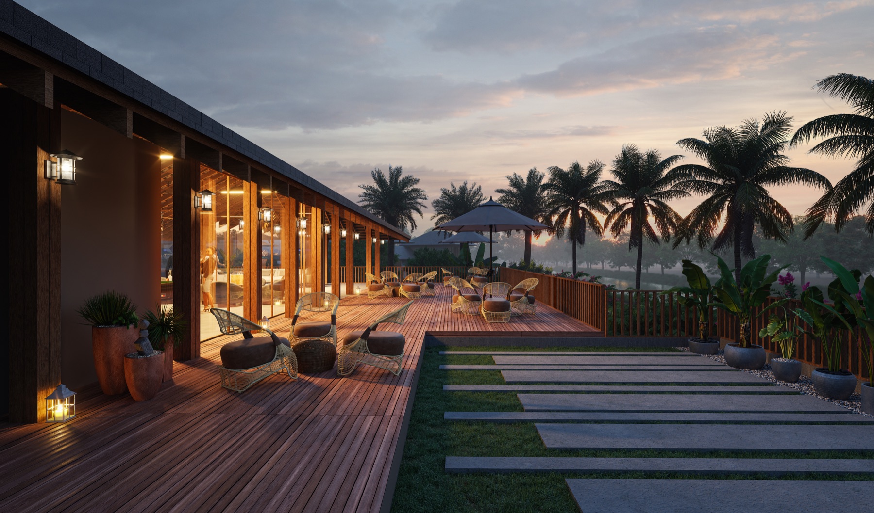 Contemporary residential estate at dusk