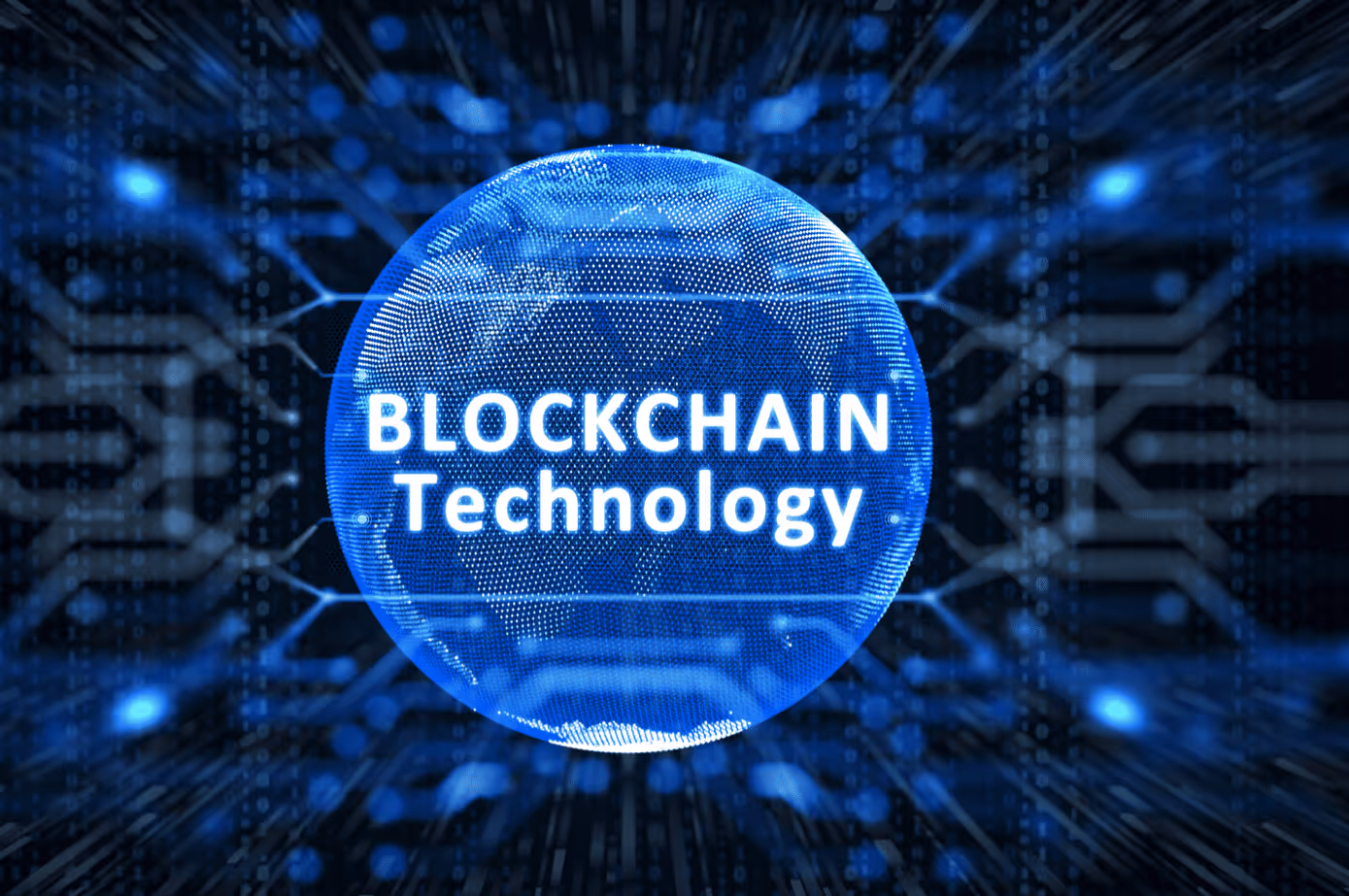 A blue circle with the words Blockchain Technology written in white.