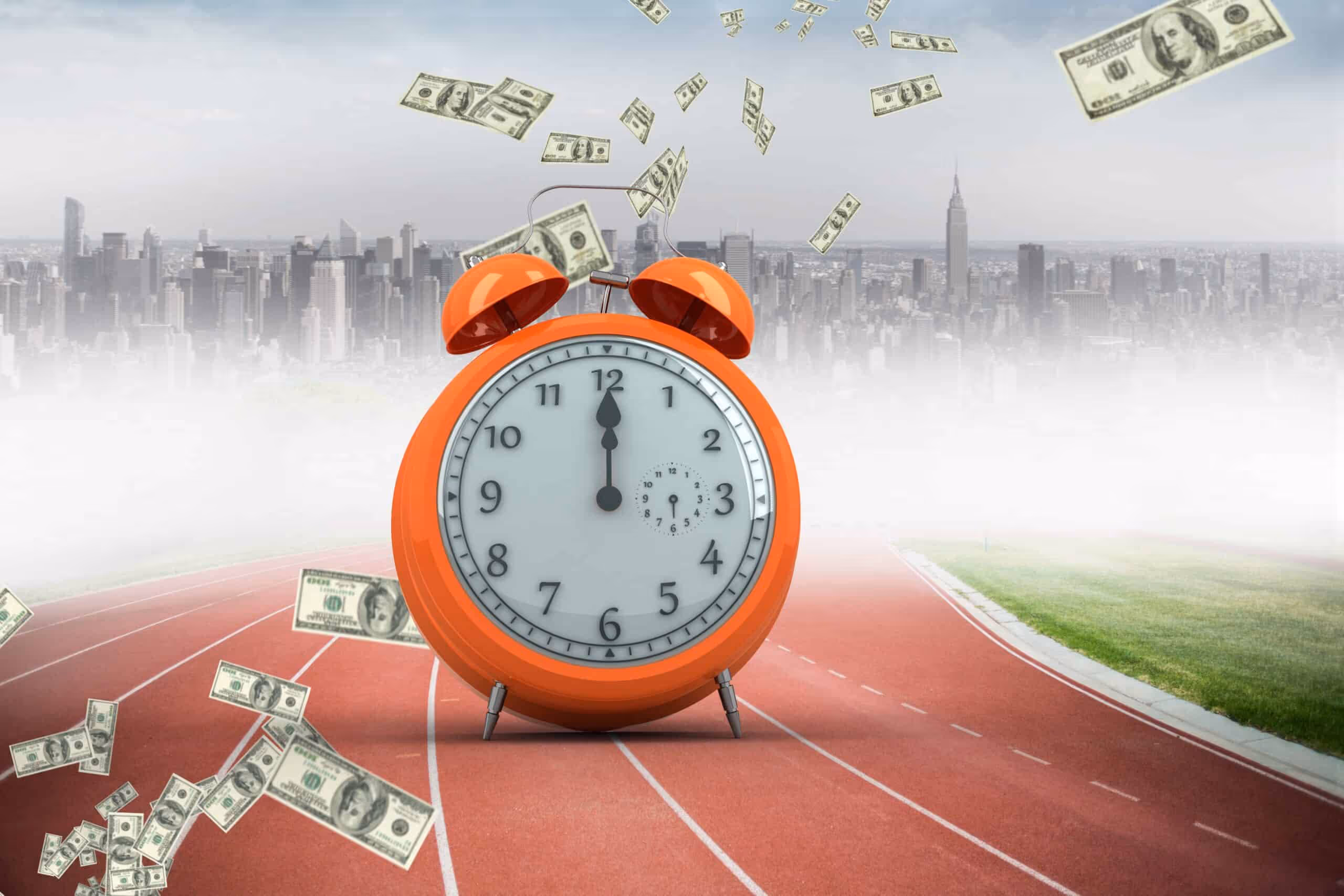A clock with money falling around it.