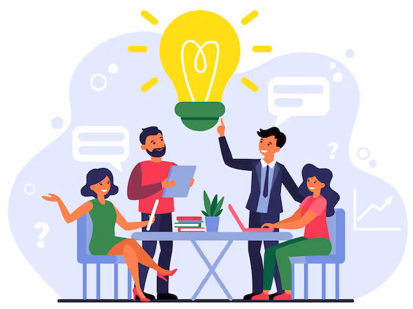 A man in a suit holding a light bulb over a table with a woman and a man.