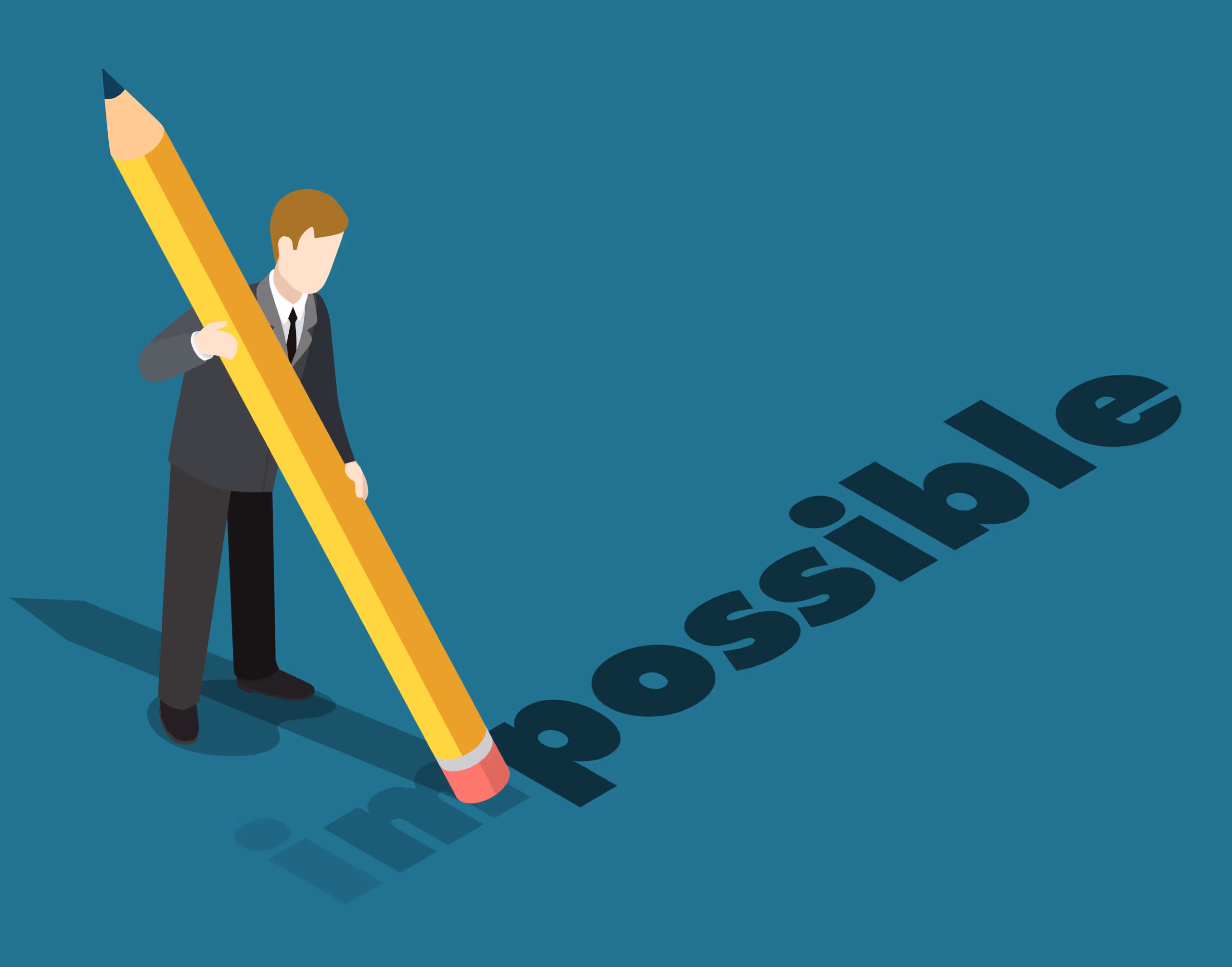 A man is writing the word "inpossible" on a blue background.