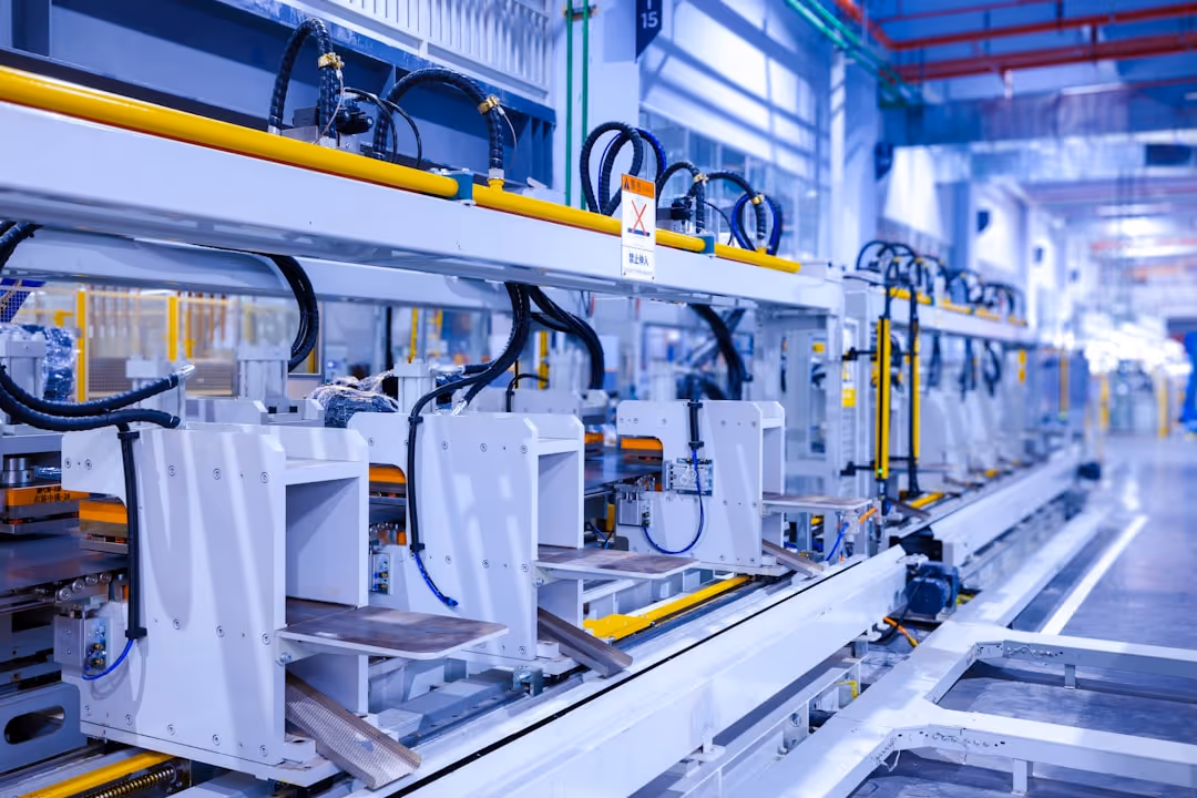 A factory with a conveyor belt and a machine that makes wooden boxes.