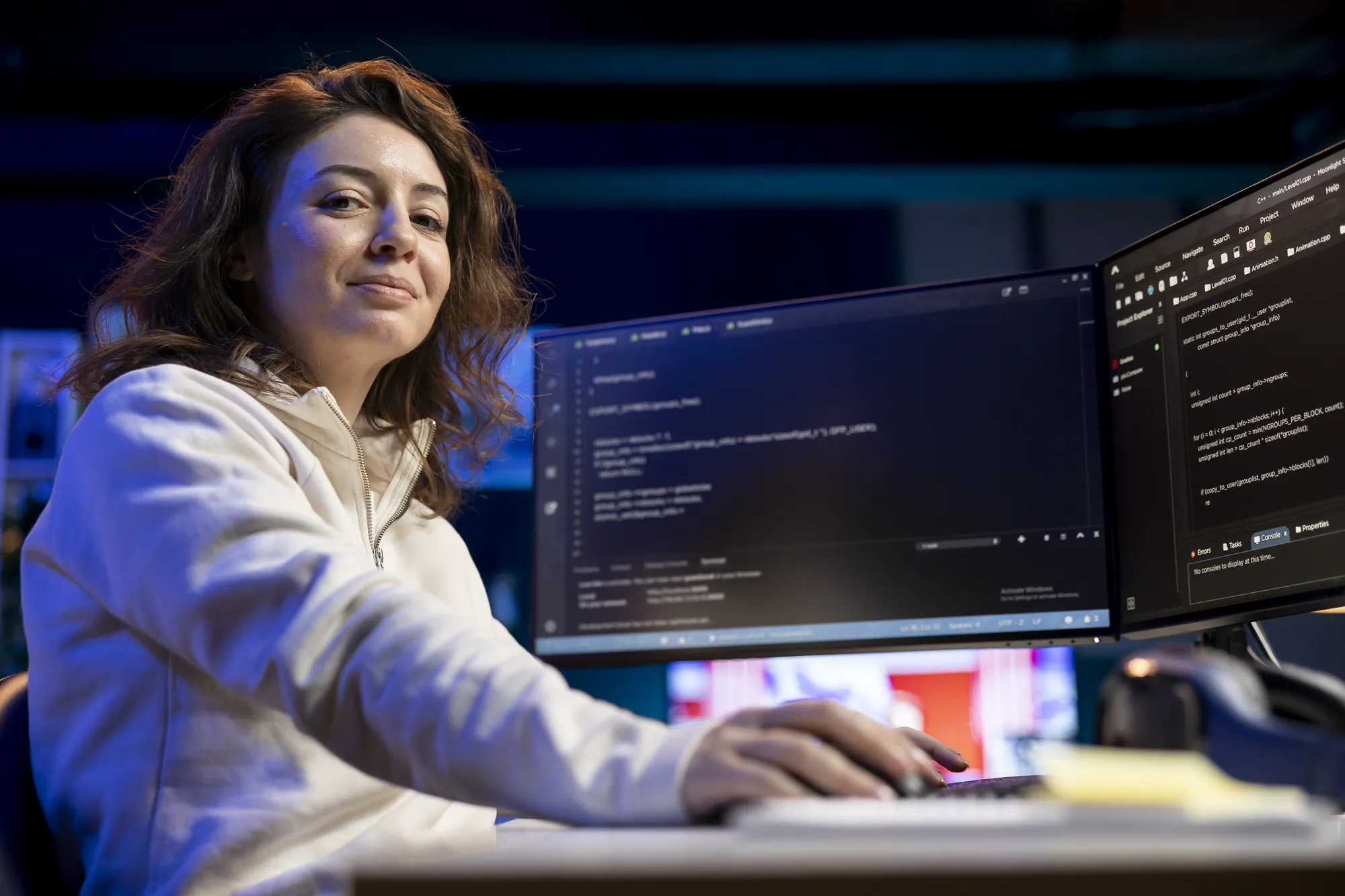 A woman in a white sweater is typing on a computer.