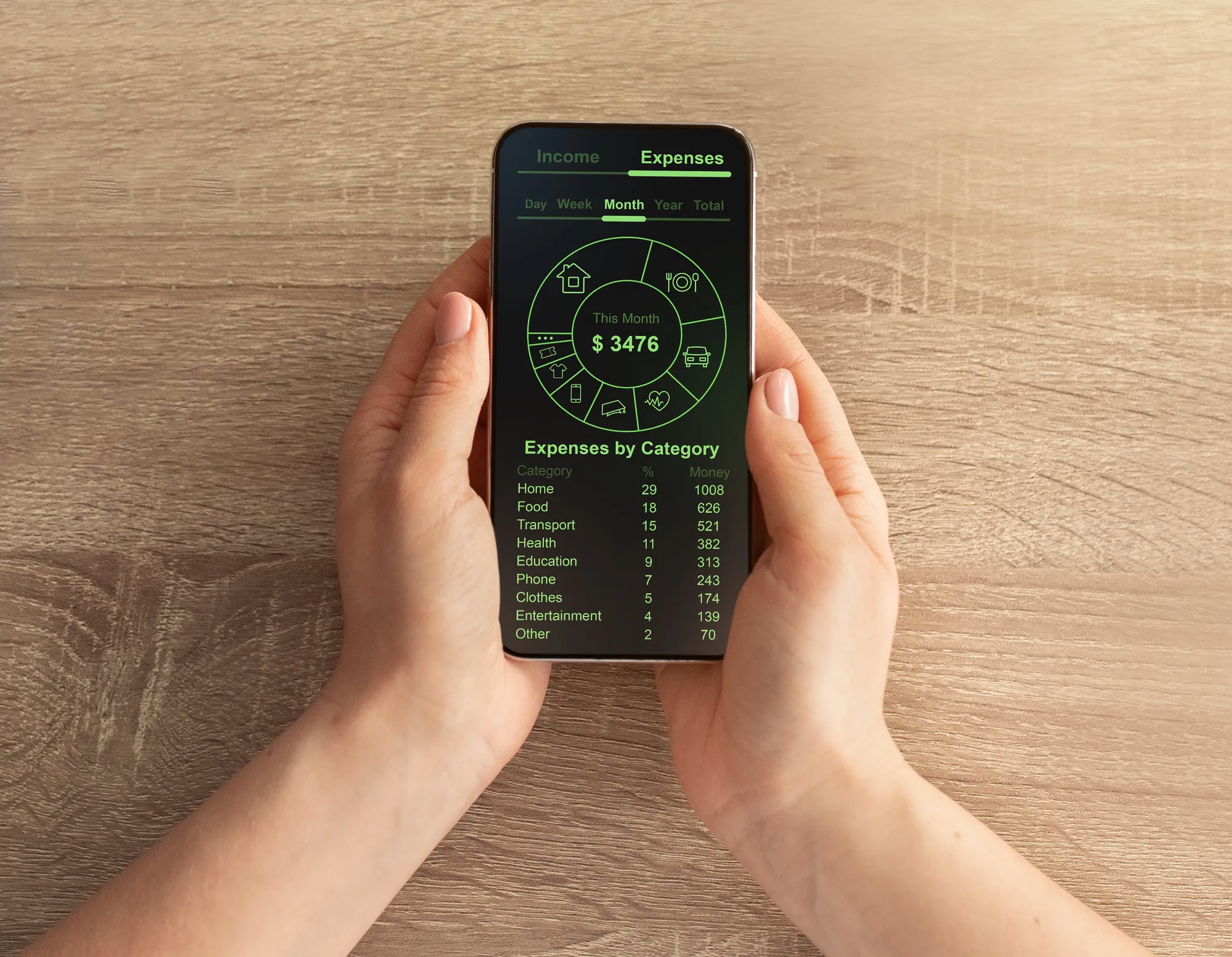 A person holding a cell phone with a screen displaying expenses.