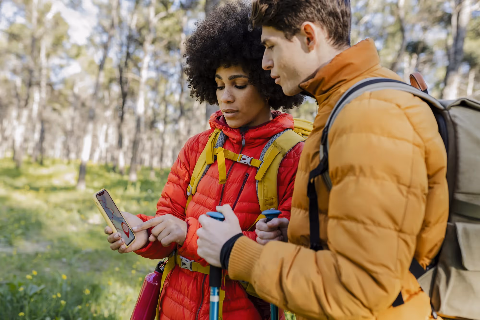 A man and woman are standing in the woods, looking at a cell phone.