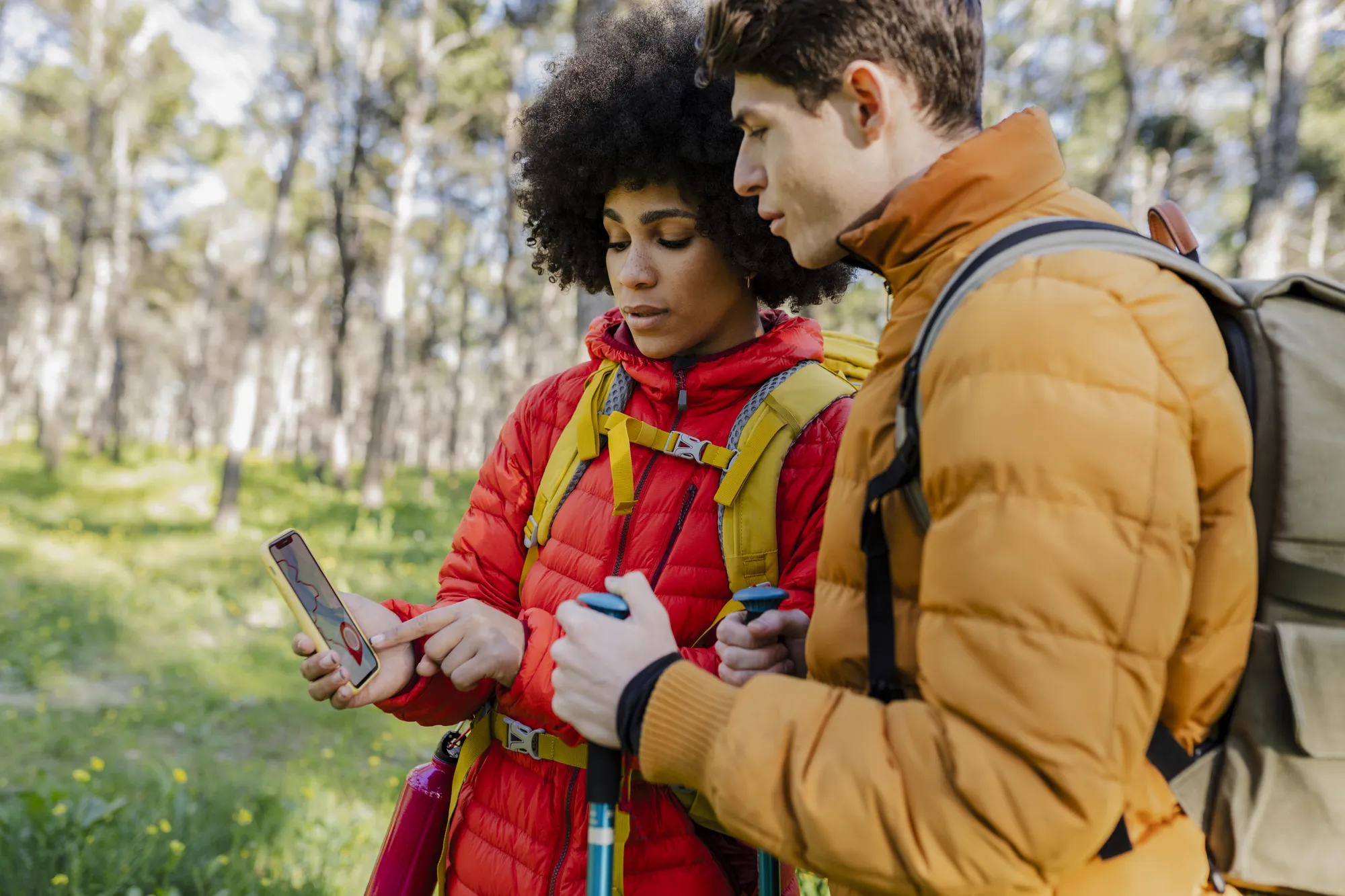 A man and woman are standing in the woods, looking at a cell phone.
