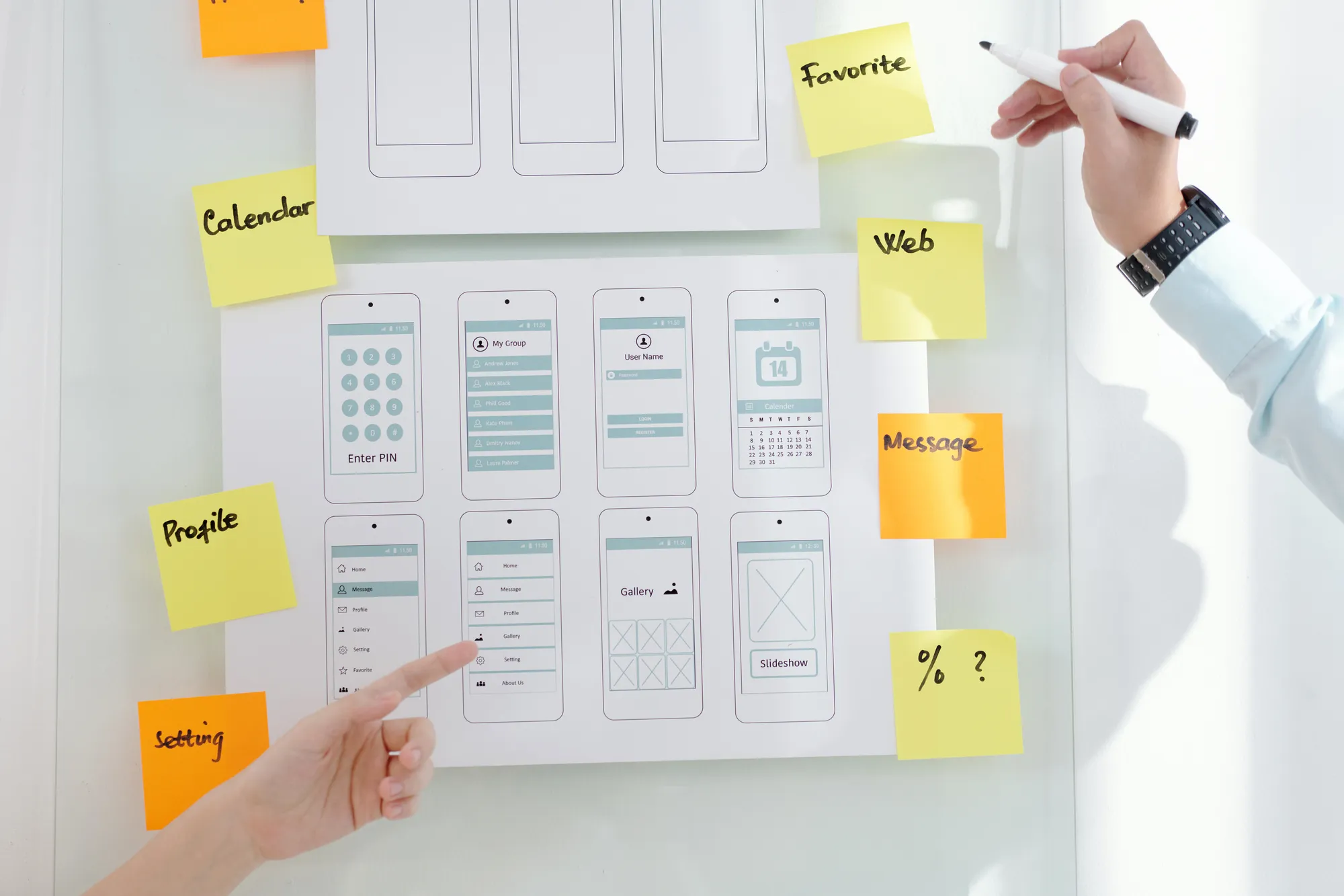 A whiteboard with a cell phone app on it.