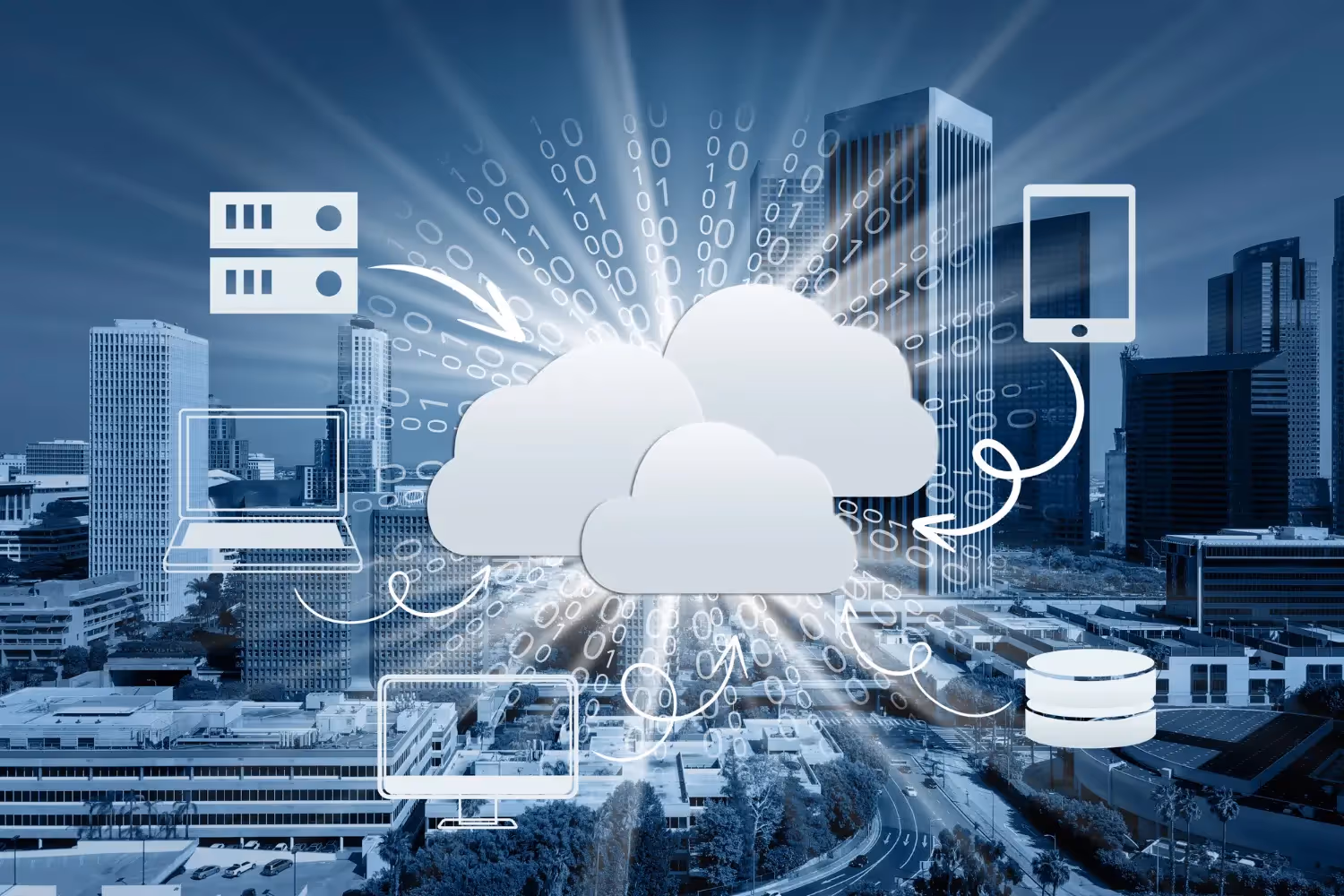 A cloud computing system is shown with a city skyline in the background.