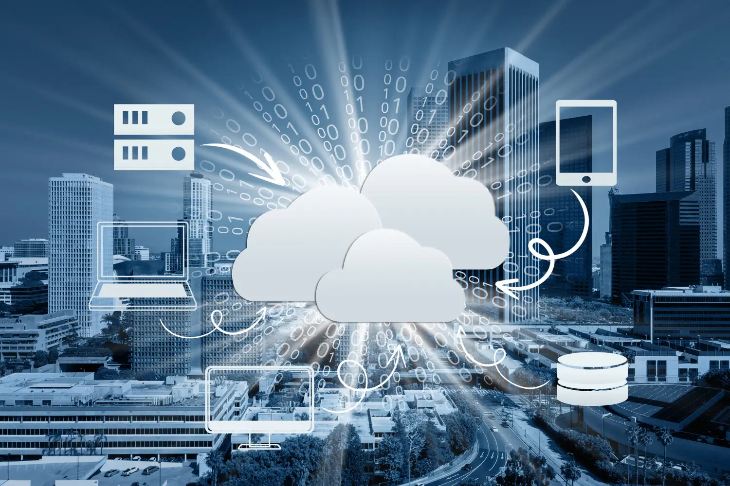 A cloud computing system is shown with a city skyline in the background.