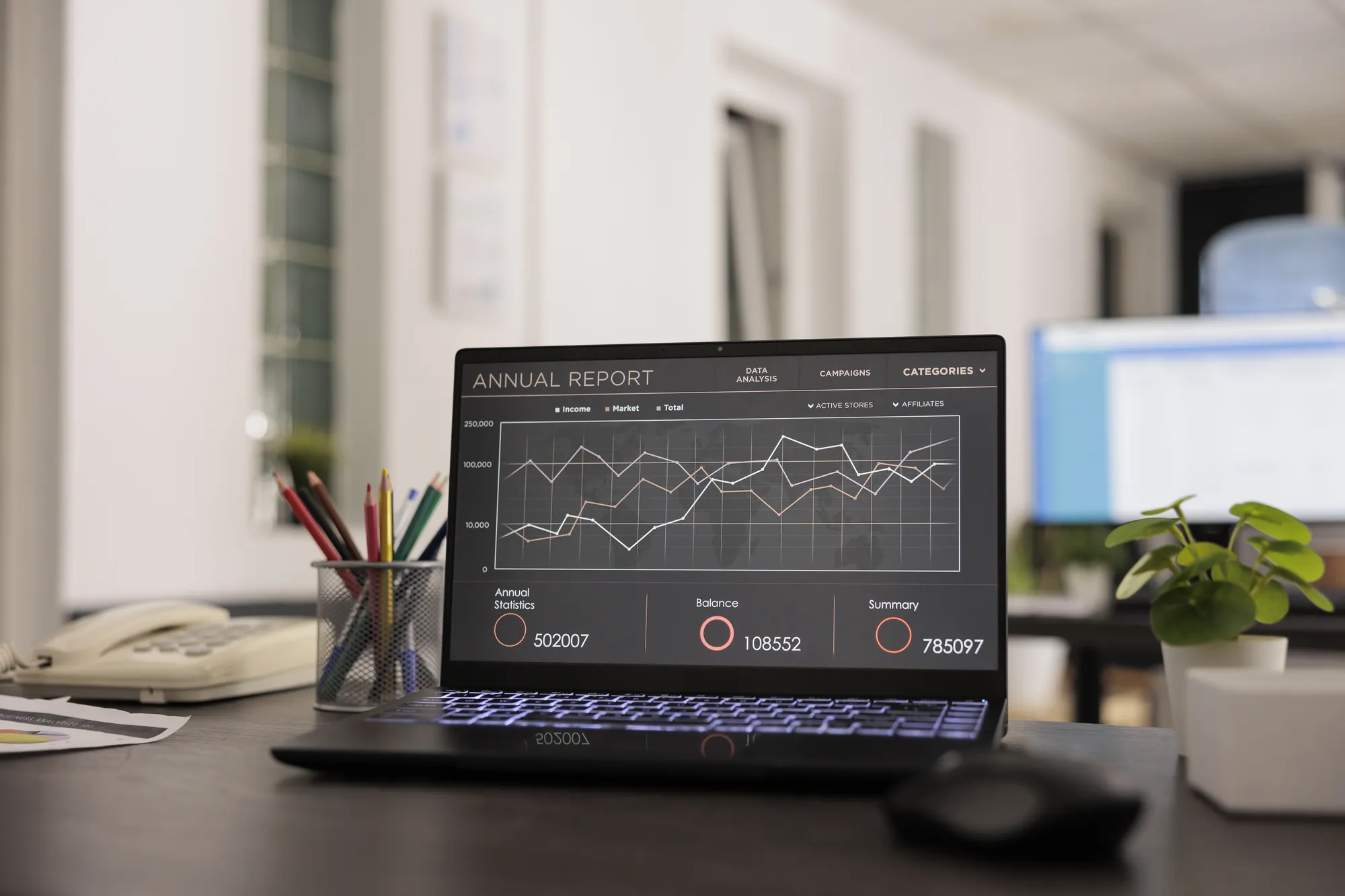 A laptop with a screen displaying an annual report.