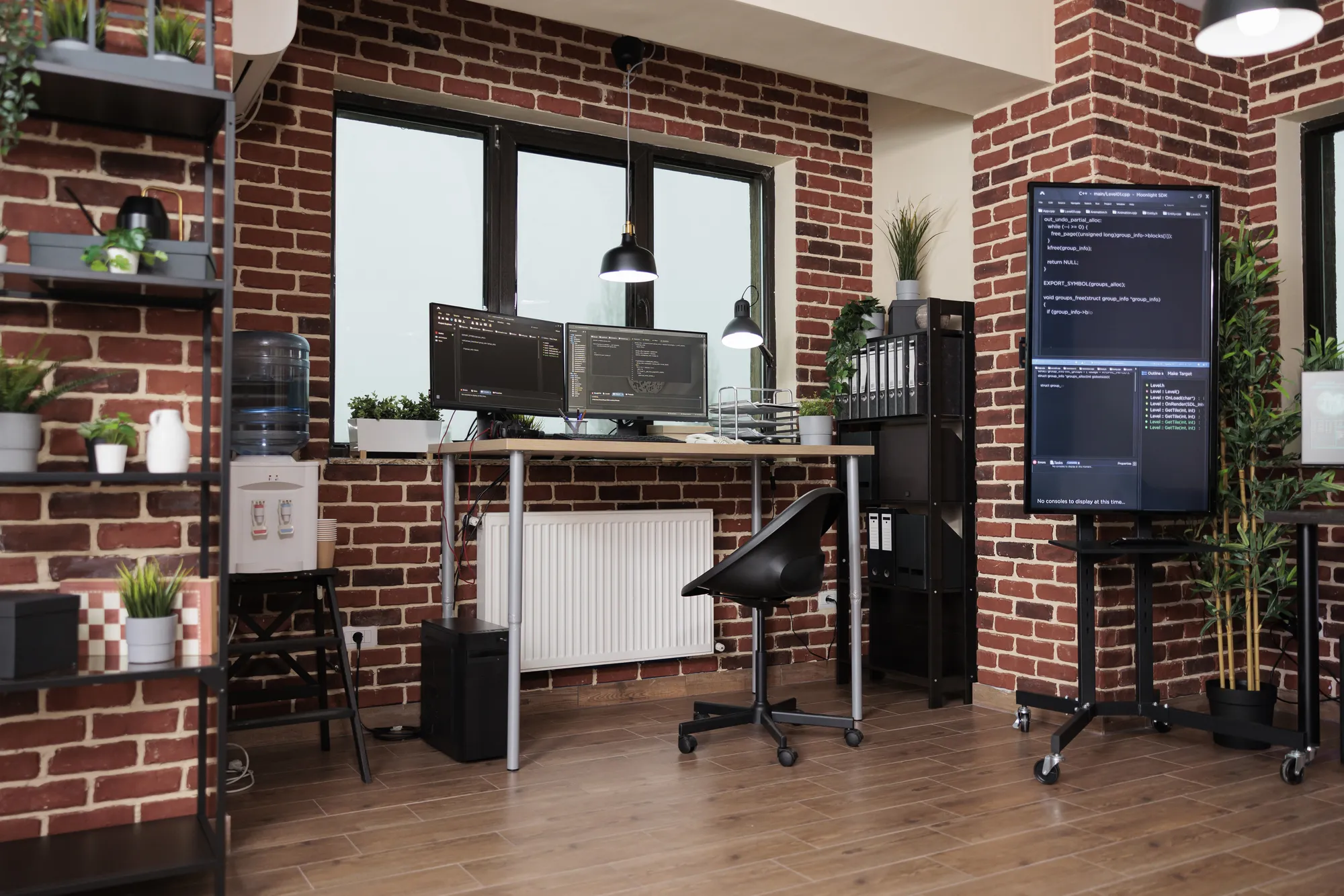 A computer desk with a monitor and keyboard on it.