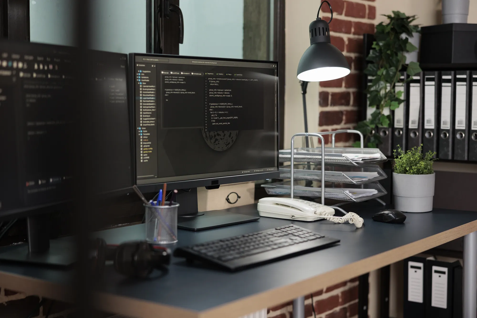 A computer desk with a monitor, keyboard, and telephone.