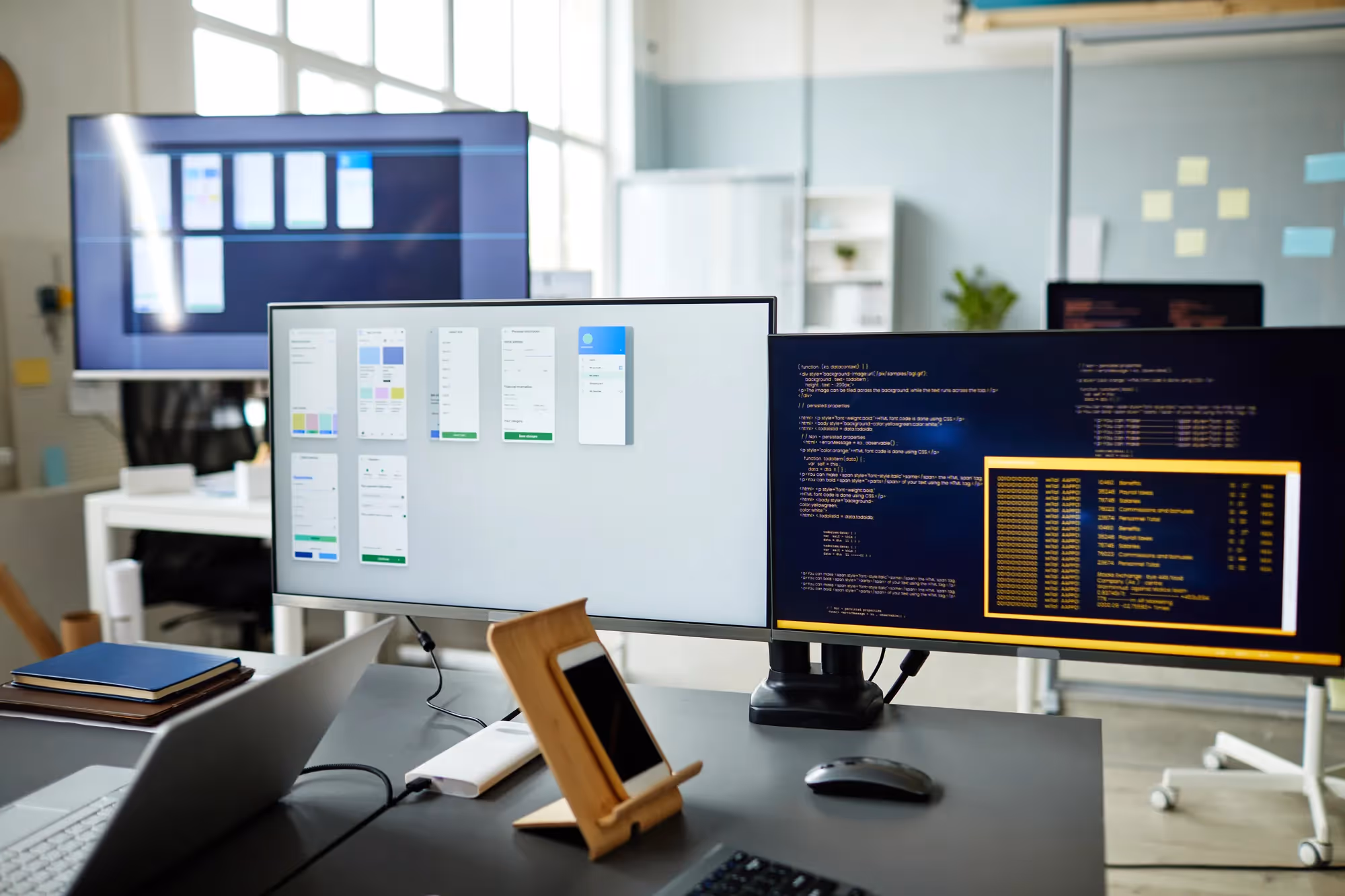 A computer monitor with a black keyboard and a cell phone on a desk.