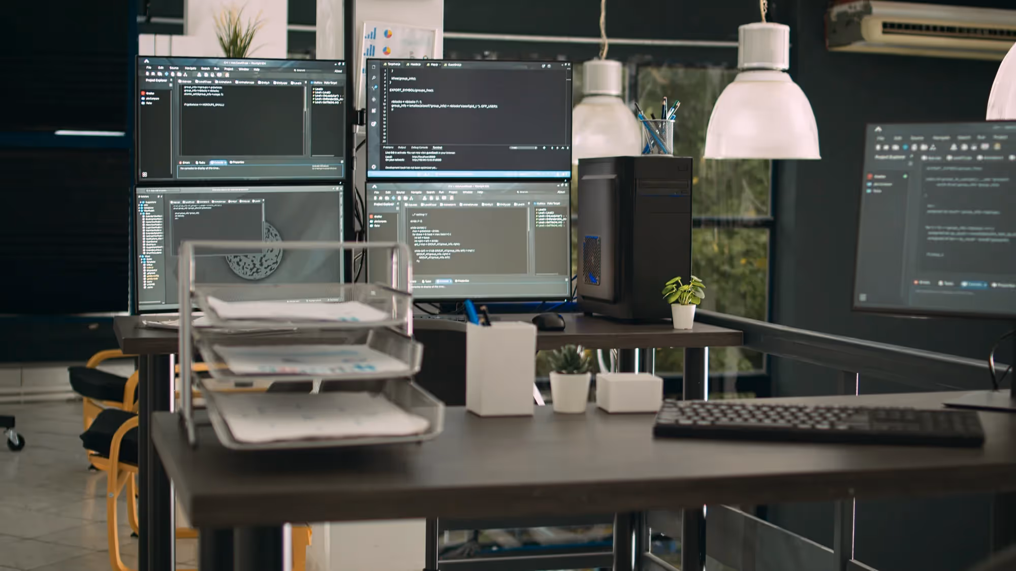 A computer desk with a keyboard and a monitor.