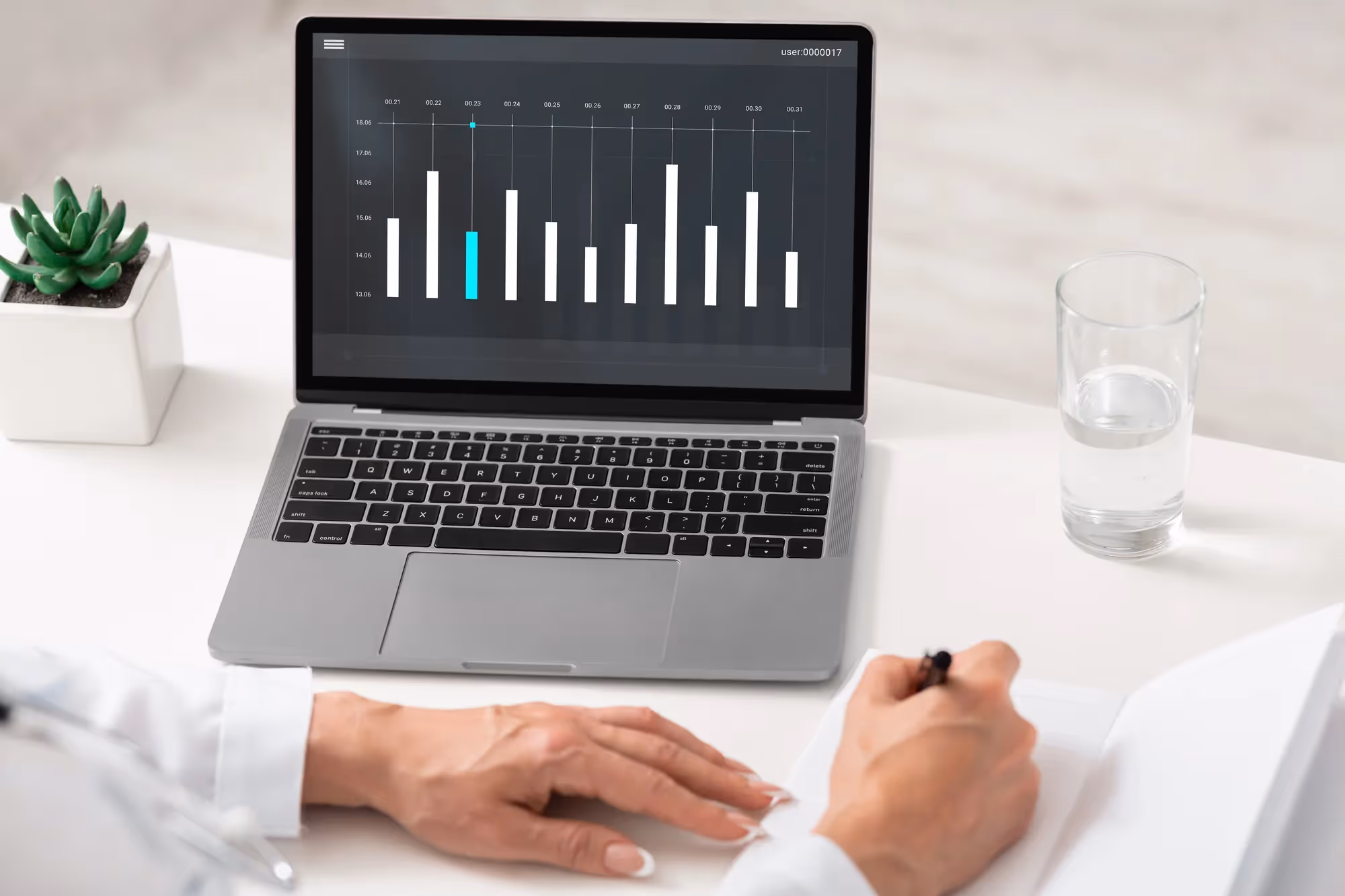 A laptop with a graph on the screen.
