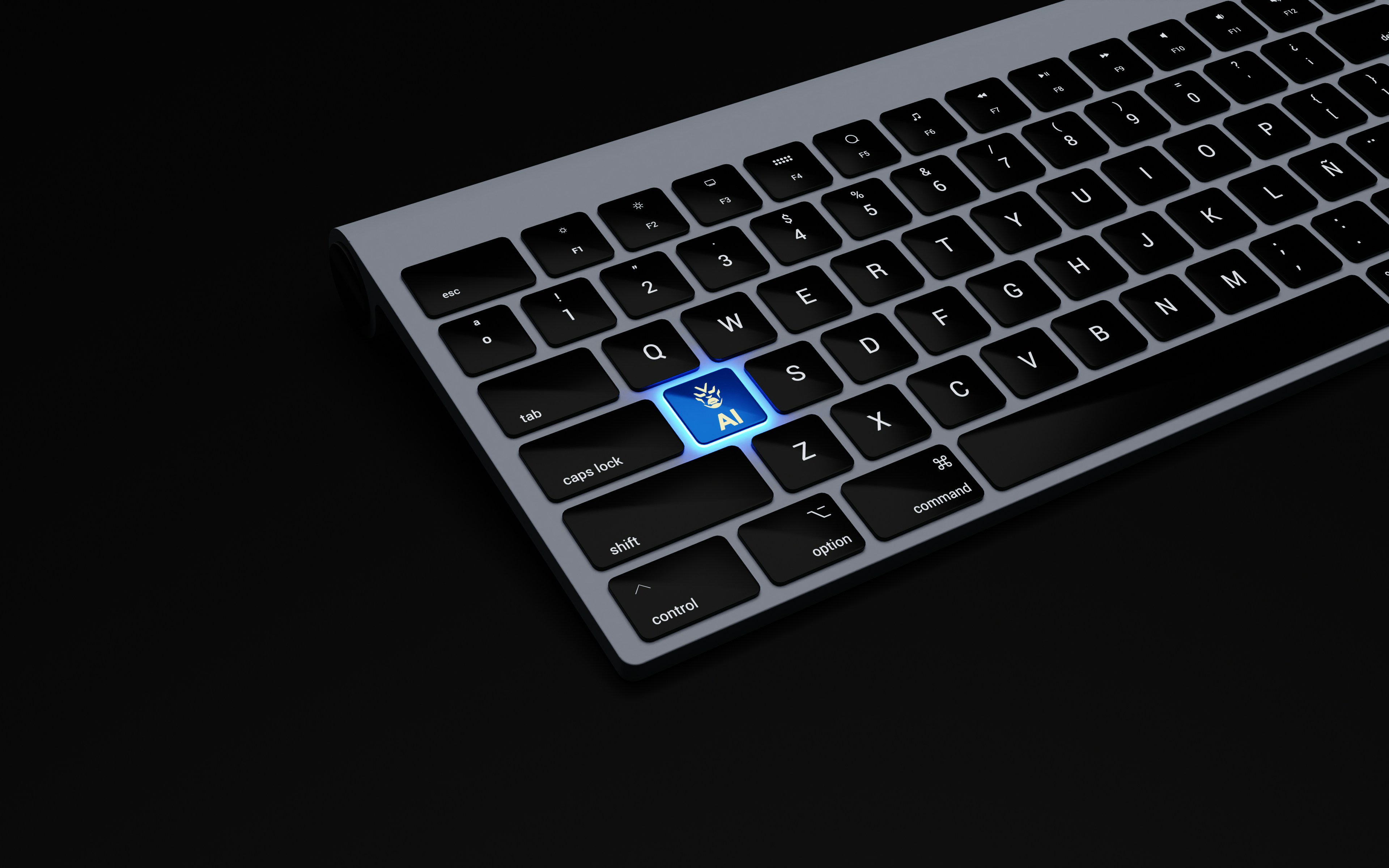 A black keyboard with a blue A key.