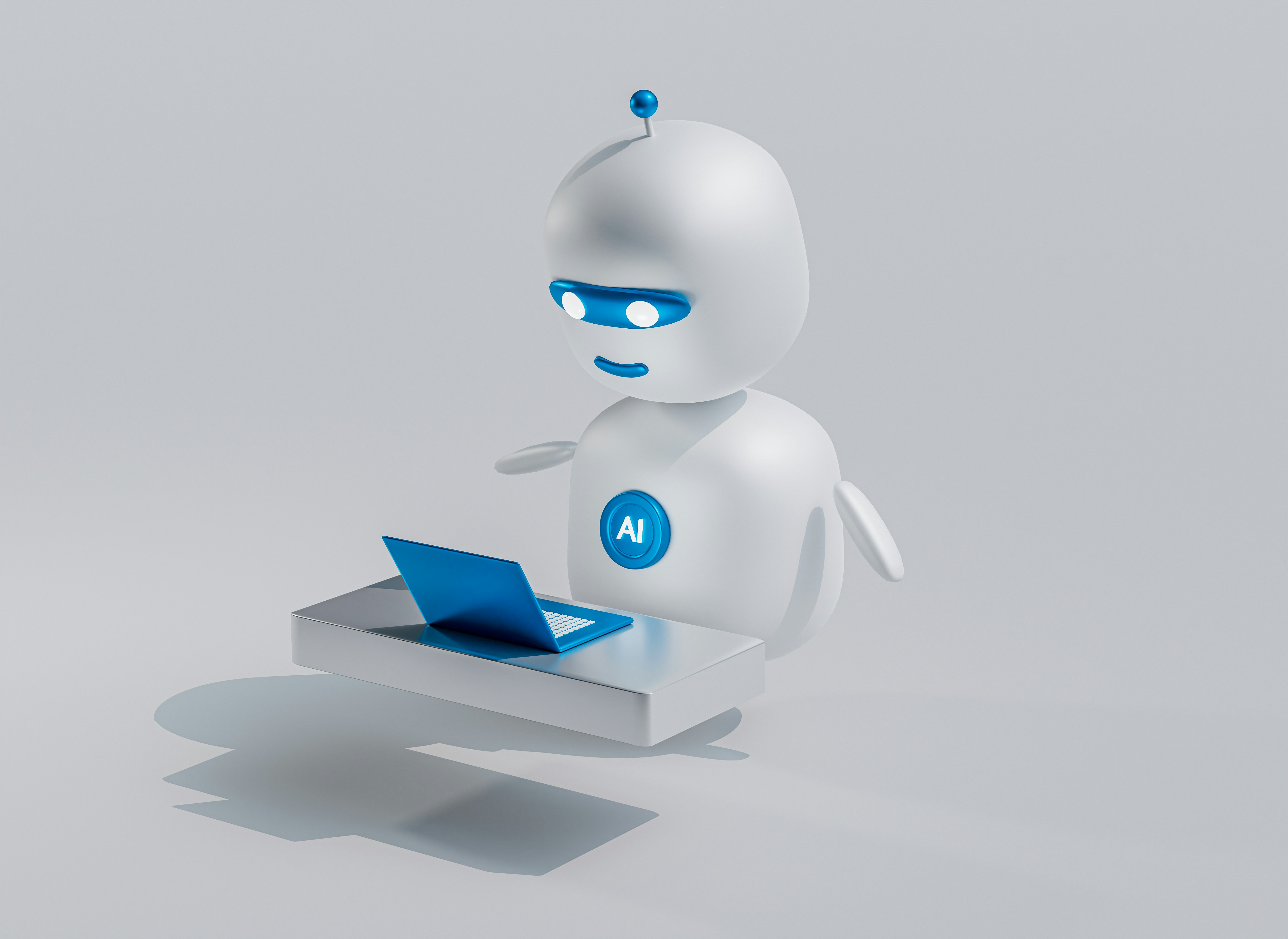 A robot with a blue laptop.
