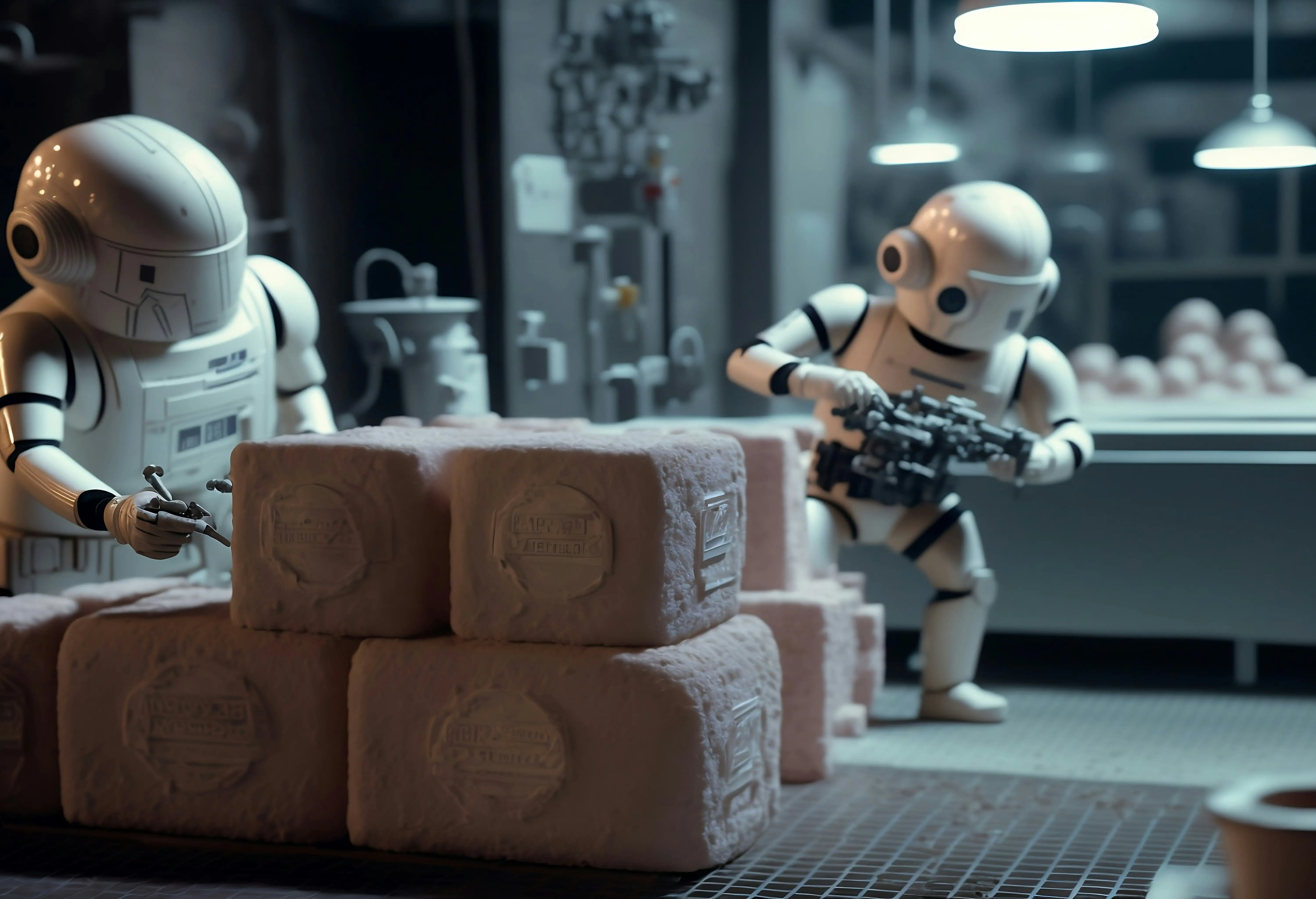 A robot is standing in front of a pile of white blocks.
