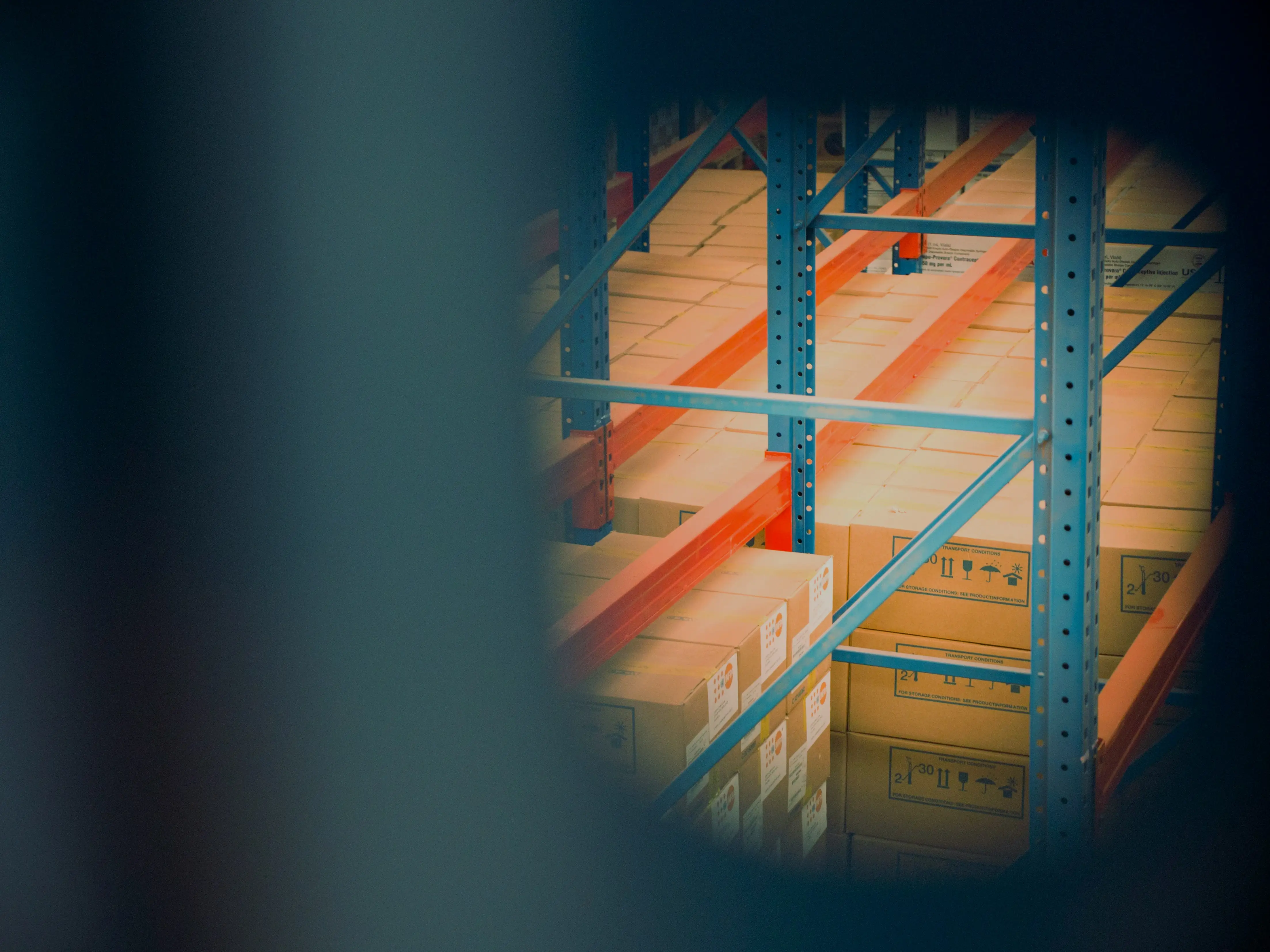 A view of a warehouse with boxes and shelves.