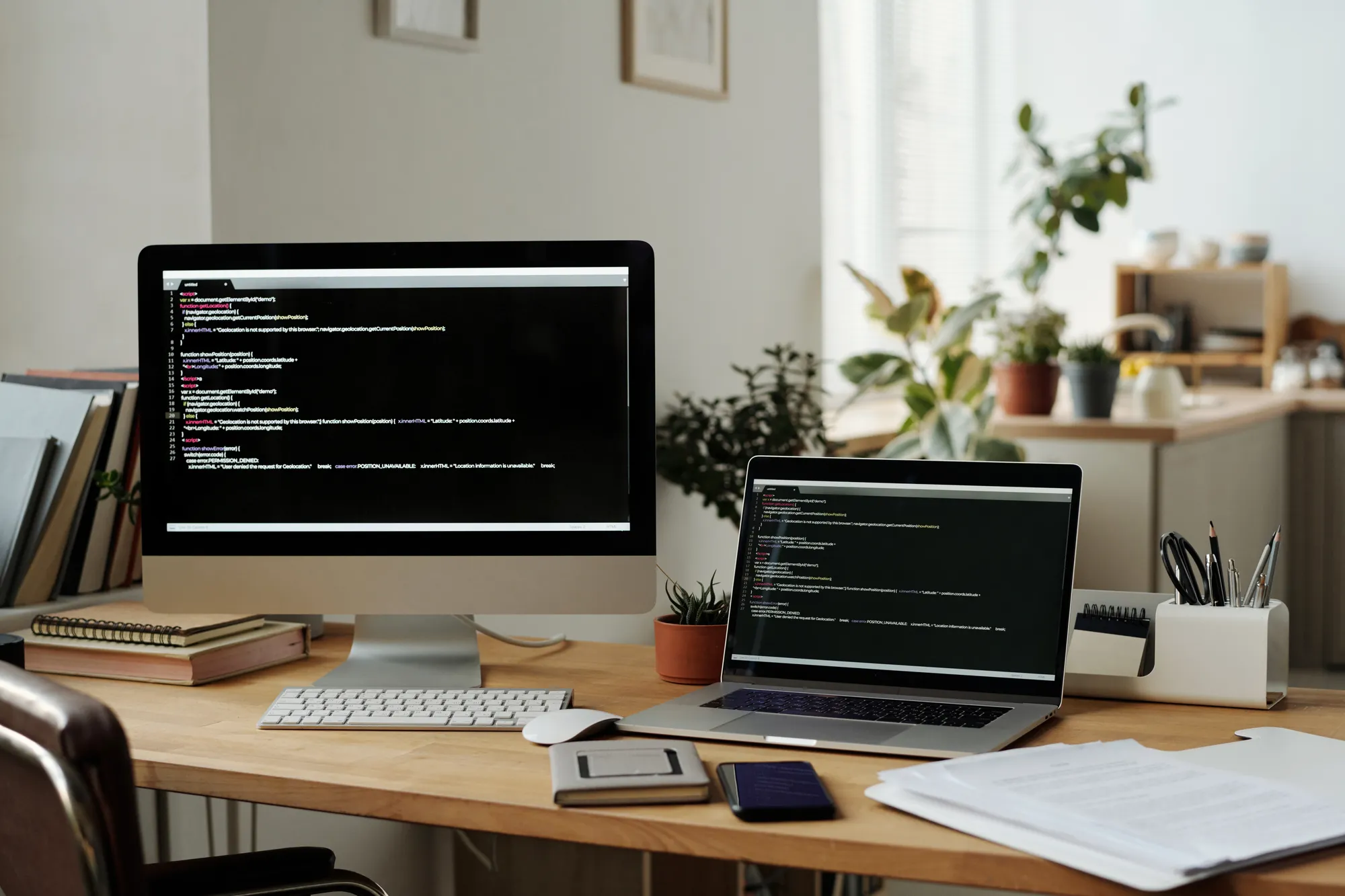 A laptop and monitor on a desk with a potted plant in the background.