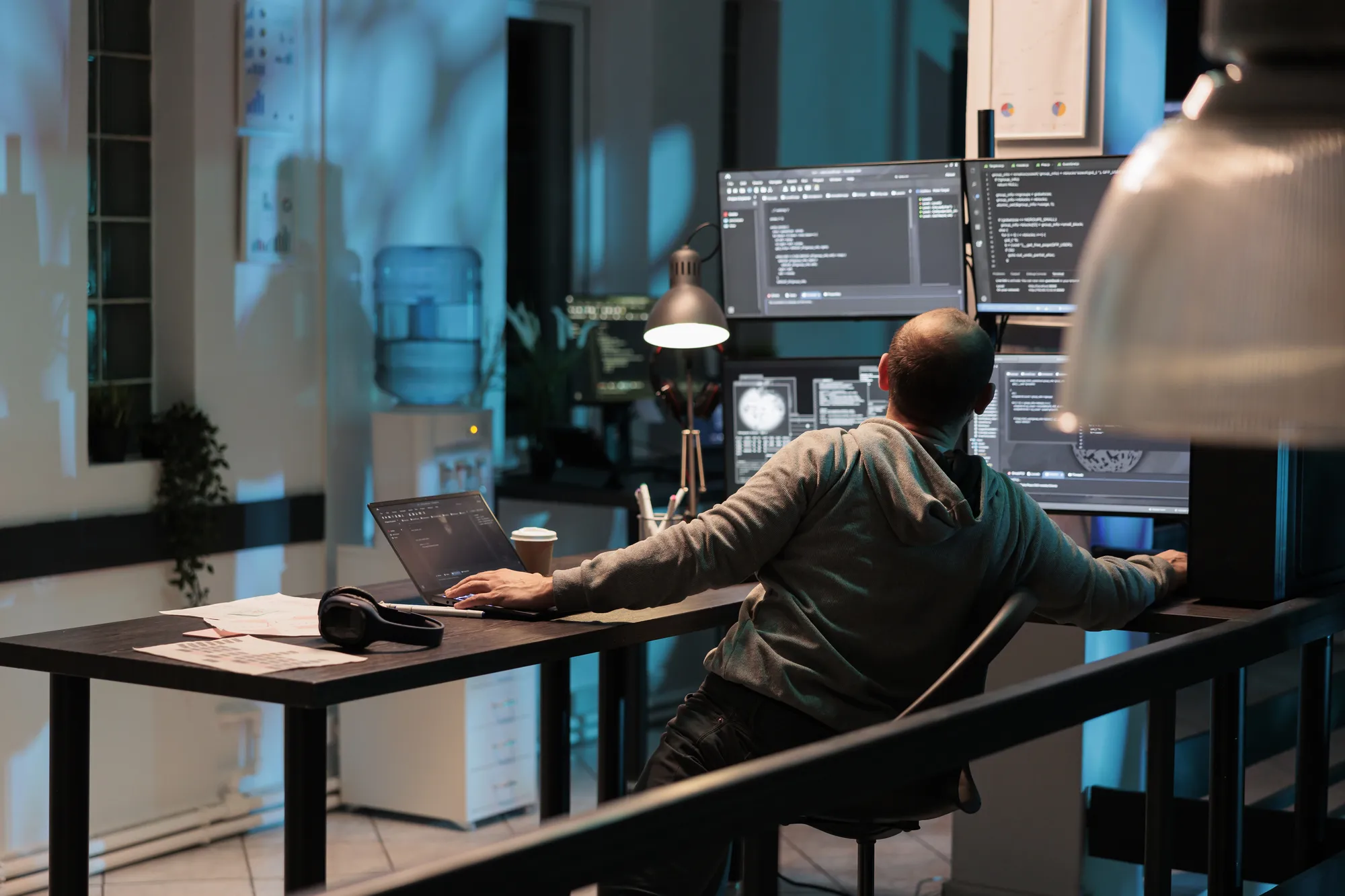 A man sitting at a desk with a laptop and a computer monitor in front of him.