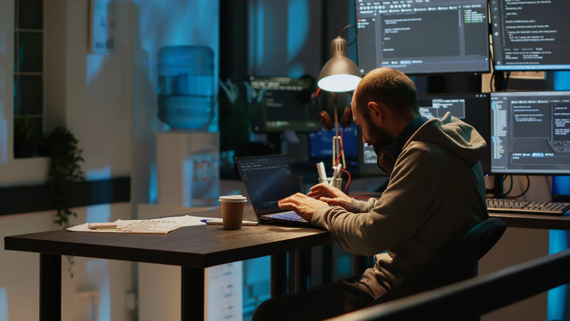 A man sitting at a table with a laptop and a cup of coffee.
