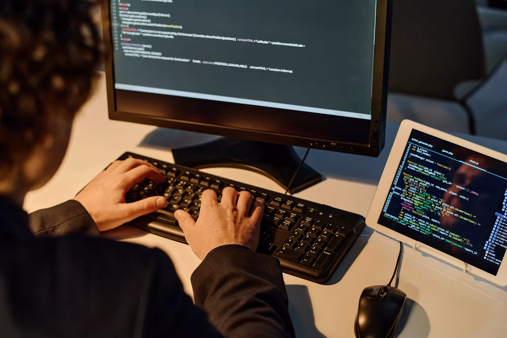A man is typing on a computer keyboard.