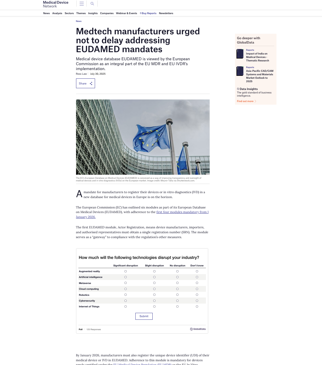 Medtech manufacturers urged not to delay addressing EUDAMED mandates