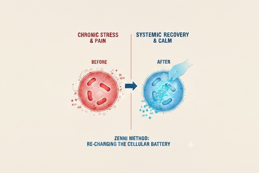 Biological illustration of ATP cellular energy production and mitochondrial support through low-level electrostimulation, showing the re-establishment of voltage gradients for anti-inflammatory recovery.