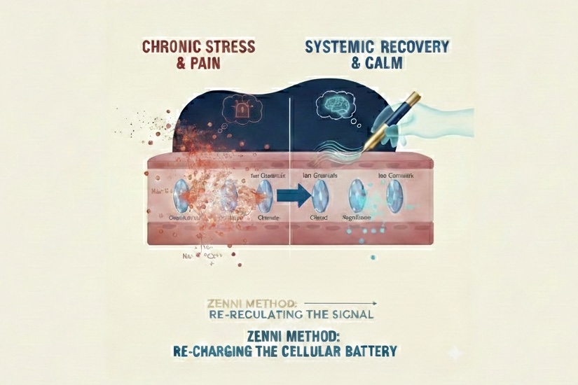 Diagram showing nerve cell ion channel regulation for persistent pain support, transitioning from overactive sodium and calcium signaling to a balanced resting membrane potential via the Zenni Method.
