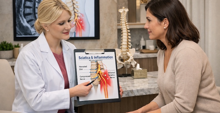 A practitioner at Excellence Health explains sciatic nerve inflammation and the chemical processes affecting nerve sensitivity during a calm, one-to-one clinical consultation.