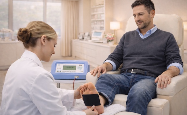 A specialist practitioner applies a therapeutic electrode to a male client’s foot during a one-to-one session at Excellence Health, illustrating practitioner-led complementary care for sciatica and nerve sensitisation in a refined clinical setting.