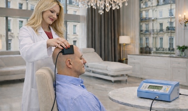 A practitioner at Excellence Health applying precise, non-invasive electrostimulation to support vagus nerve regulation and systemic nervous system balance in a luxury Harley Street setting.