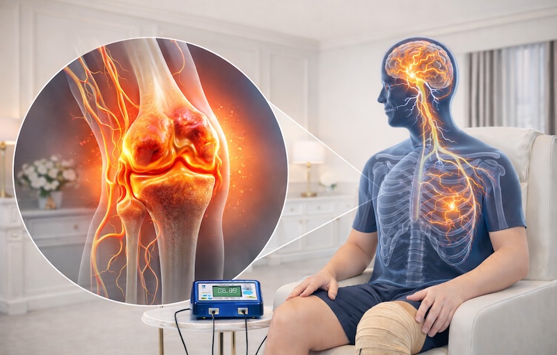 A clinical illustration showing the systemic impact of arthritis on the nervous system and the inflammatory reflex. The image depicts a patient at Excellence Health's London or Leeds clinic, highlighting the neural connection between a sensitized knee joint and the brain to demonstrate autonomic de-escalation and the release of muscular guarding.