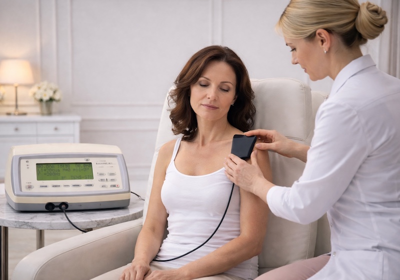 Specialist practitioner delivering the Zenni Method electrostimulation to a client's shoulder at Excellence Health. This image illustrates a bespoke, science-led wellness protocol, frequently chosen by London and Leeds clients as a sophisticated standalone therapy for joint integrity or as a refined layer to an existing medical plan.