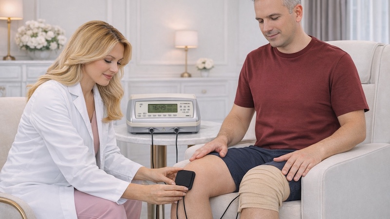 A specialist practitioner at Excellence Health applying a precision electrode to a client's knee to address peripheral sensitisation. The image demonstrates the Zenni Method’s approach to calming 'over-reporting' nerves and reducing autonomic alarm in a private, modern clinic setting in London