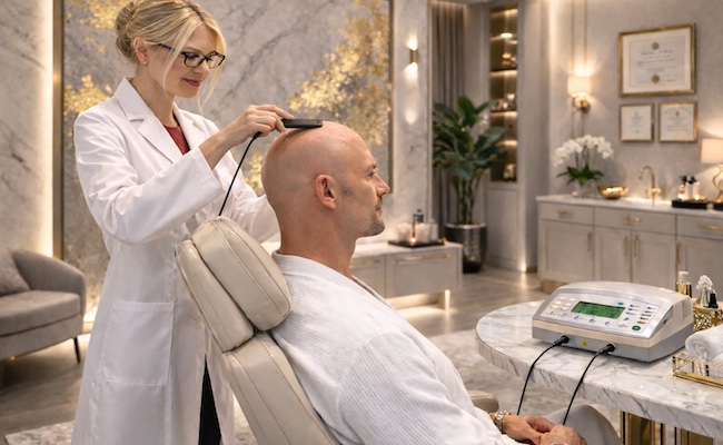 A practitioner at Excellence Health applying precise, non-invasive electrostimulation to support vagus nerve regulation and systemic nervous system balance in a luxury Harley Street setting.