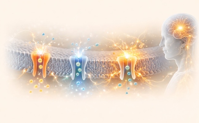 Diagram showing nerve cell ion channel regulation for persistent pain support, transitioning from overactive sodium and calcium signaling to a balanced resting membrane potential via the Zenni Method.