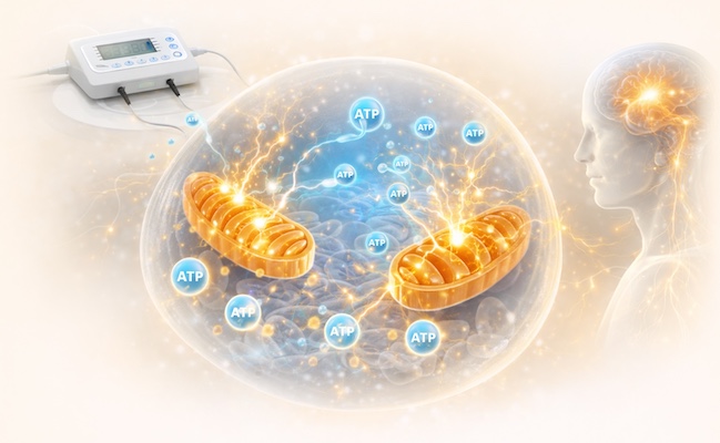Biological illustration of ATP cellular energy production and mitochondrial support through low-level electrostimulation, showing the re-establishment of voltage gradients for anti-inflammatory recovery.