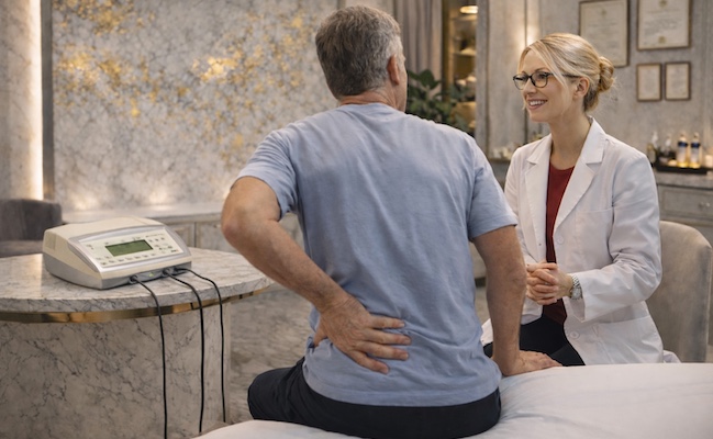 A male patient sits on a medical treatment bed during a Zenni Electrostimulation Method consultation, viewed from behind.