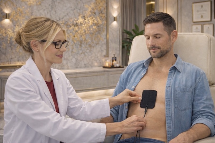 A female practitioner applies a therapeutic electrode to a male client in a luxury clinic during The Zenni Method, a sensory reset approach designed to support sciatica relief by calming nerve sensitisation and reducing protective muscular guarding.