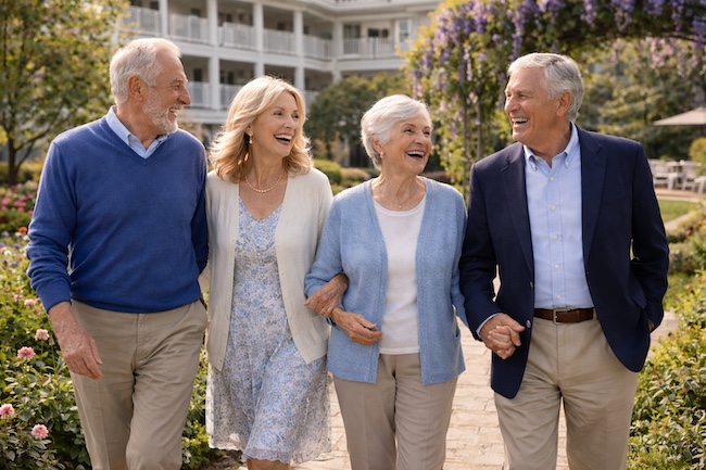 A group of smiling elderly care home residents walking with ease through a sunny garden, representing the enhanced physical comfort and systemic vitality supported by the Zenni Method.